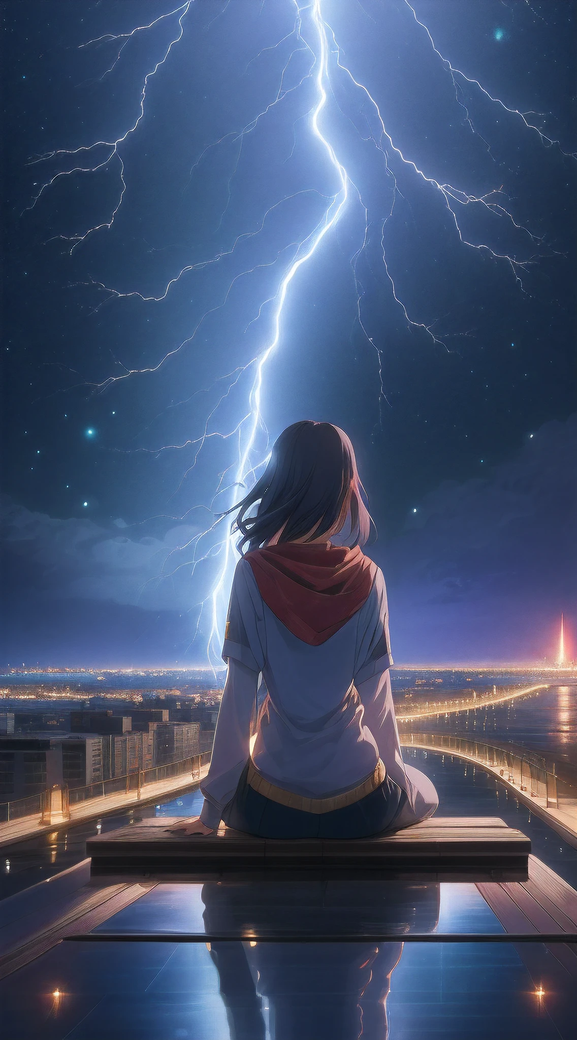 Anime woman sitting on a dock looking out over town at night, looking at the sky, cosmic skies, woman looking at the space, meticulously detailed, photo realistic, master piece, best quality, Anime Art Wallpaper 4K, Cinematic, Hyper-detailed, insane details, Beautifully color graded,Cinematic Lightning, Insanely detailed and intricate, Hyper maximalist, Hyper realistic, Volumetric, Photorealistic, ultra photoreal, ultra-detailed, intricate details, Super detailed, Full color, Volumetric lightning, HDR, Realistic.