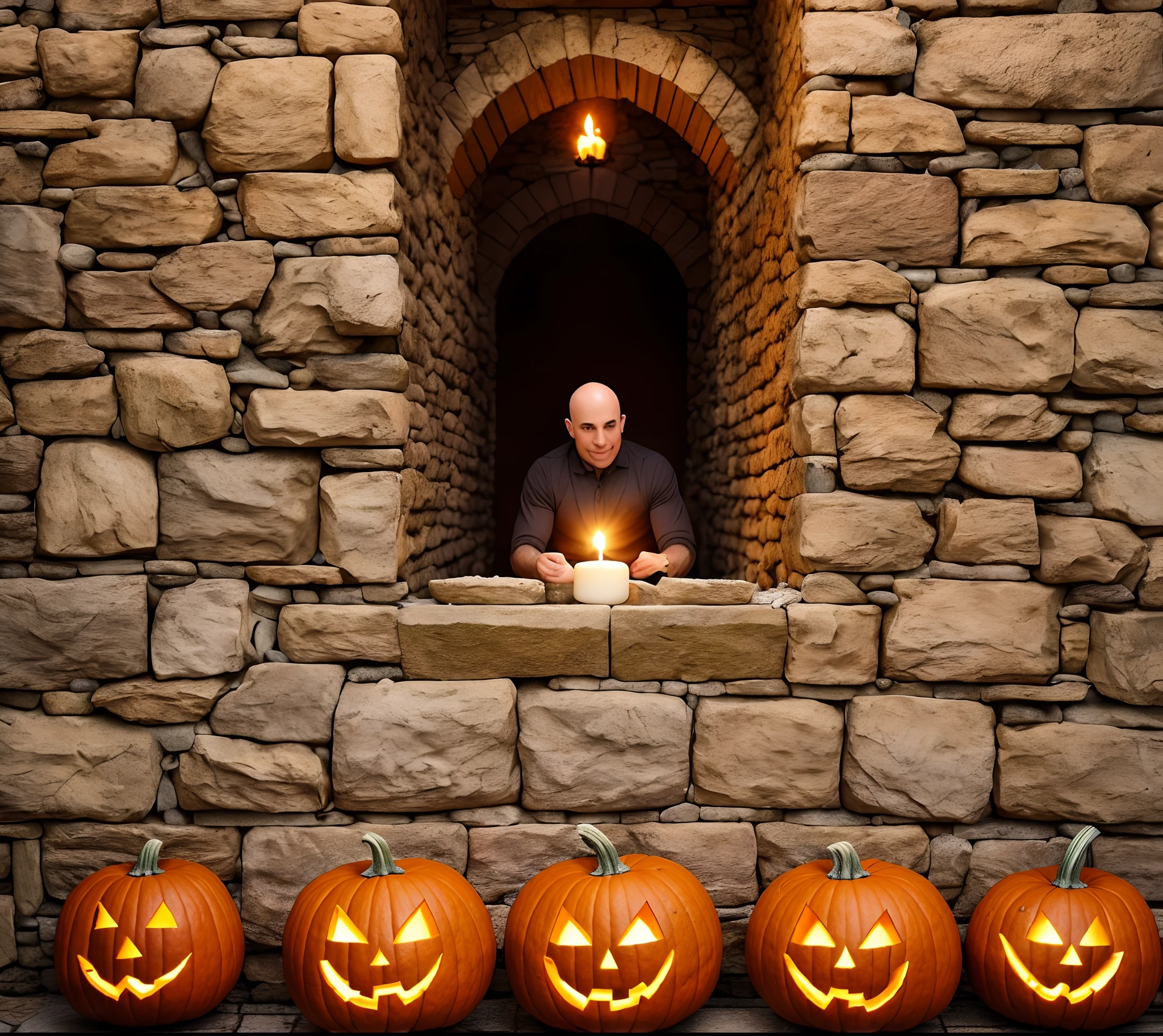 photo of a few pumpkins arranged on a stone wall for Halloween, lit by candles, with a man's bald head peeking through the middle of the wall on the other side, (a bald European with a clean shave at 40 years old) - a hilarious image, photo realism 84 --auto --s2