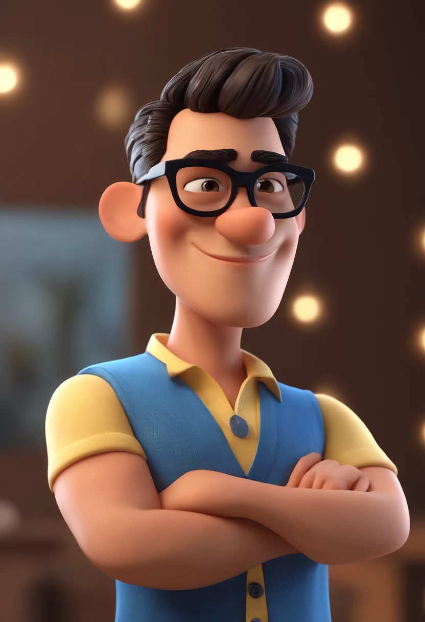 Cartoon character of a man wearing black glasses and a blue shirt, um personagem animado, Caractere estilizado, animation style rendering, 3D estilizado, Arnold Maya render, 3 d render stylized, toon render keyshot, Personagem 3D, Personagem 3D, 3d rendering stylized, 3 d character render, personagem de desenho animado, Personagem de close up, Pose de personagem, (Estilo Pixar) (master part:1.2) (Bokeh) (best quality) (pele detalhada) (textura detalhada) (8k) (argila) (Cinematic lighting) (foco nítido,Senta e vaza a parte superior do corpo
