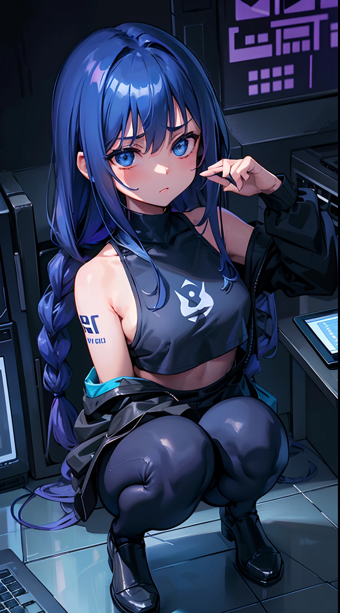 very young girl, coding on a computer, hand in hair, hacker style, curvy, small breast, dark sweat croptop with logo, neckline croptop, small chest, dark blue leggings, full tattooed, coding on a laptop, squatting, dark, a braid in hair, dark blue hair, computer, cable, retro, cyber, datacenter background, Dark blue theme, night