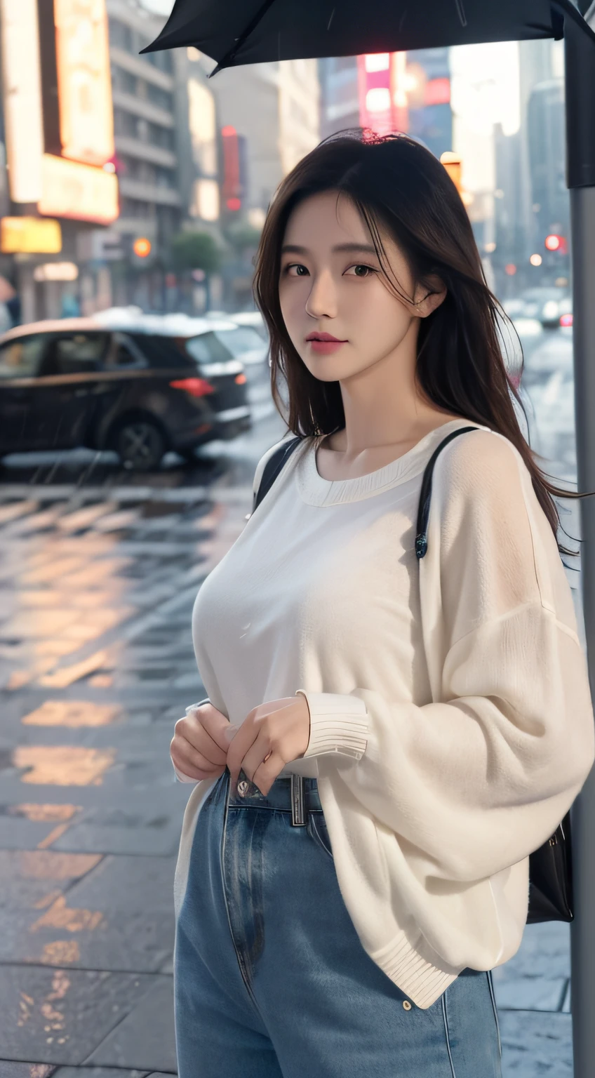 ((best qualtiy, tmasterpiece:1.3)), Focus:1.2, Middle-aged beauty:1.4, Plump body 1.2, (wetclothes:1.1), (Rain, Street:1.3), Yellow short knit, denim pant:1.1, Highly detailed facial and skin texture, A detailed eye, 二重まぶた, Whiten skin, detailed black eyes, innocenteyes, Blushlush, profesional lighting, portrait, photon maping, Radio City, physically-based renderingt, Lively street, weeping, 8k
