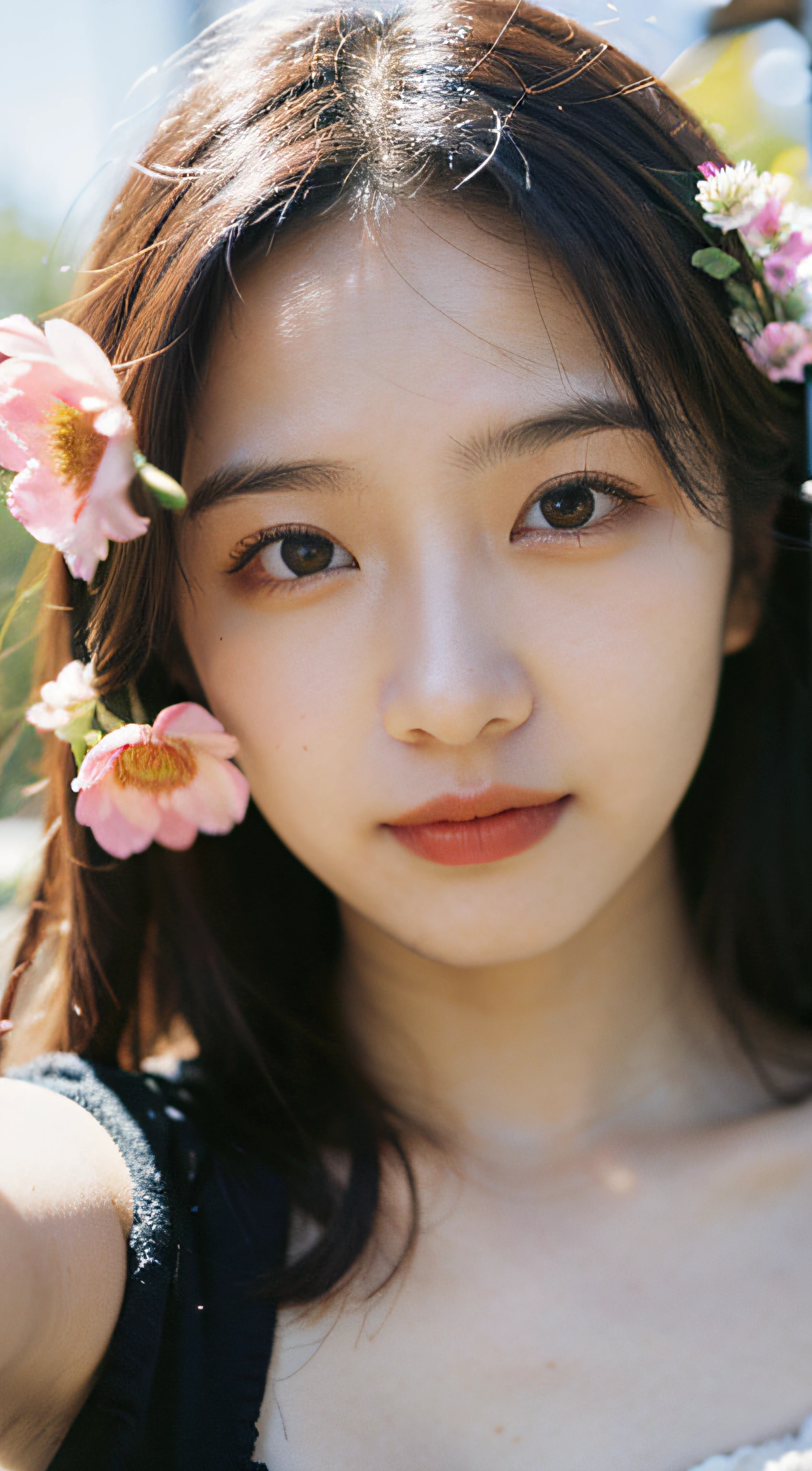Best Quality, Masterpiece, Ultra High Resolution, (Realistic: 1.4), Original Photo, Wallpaper, Head Photo, Skin, Simple Background, Black Eyes, Detail, Selfie, 1 Girl, 18 Years Old, Breeze, Sunshine, Flowers,