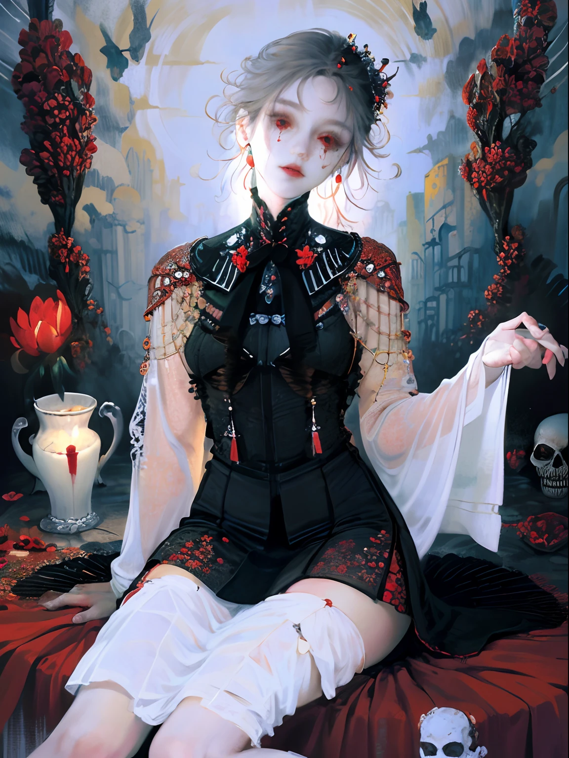 masterpiece, best quality, intricately detailed, a woman, beautiful, elegant, smile, blood, iridescent long hair, bangs, skirt, shirt, long sleeves, frills, shoes, bowtie, (red and black:1.4), flower, creepy, horror, skulls, long hair, black hair, candle, blood, hair flower, solo, hair ornament, bone, sitting, doll, skull, skeleton,  horror (theme)