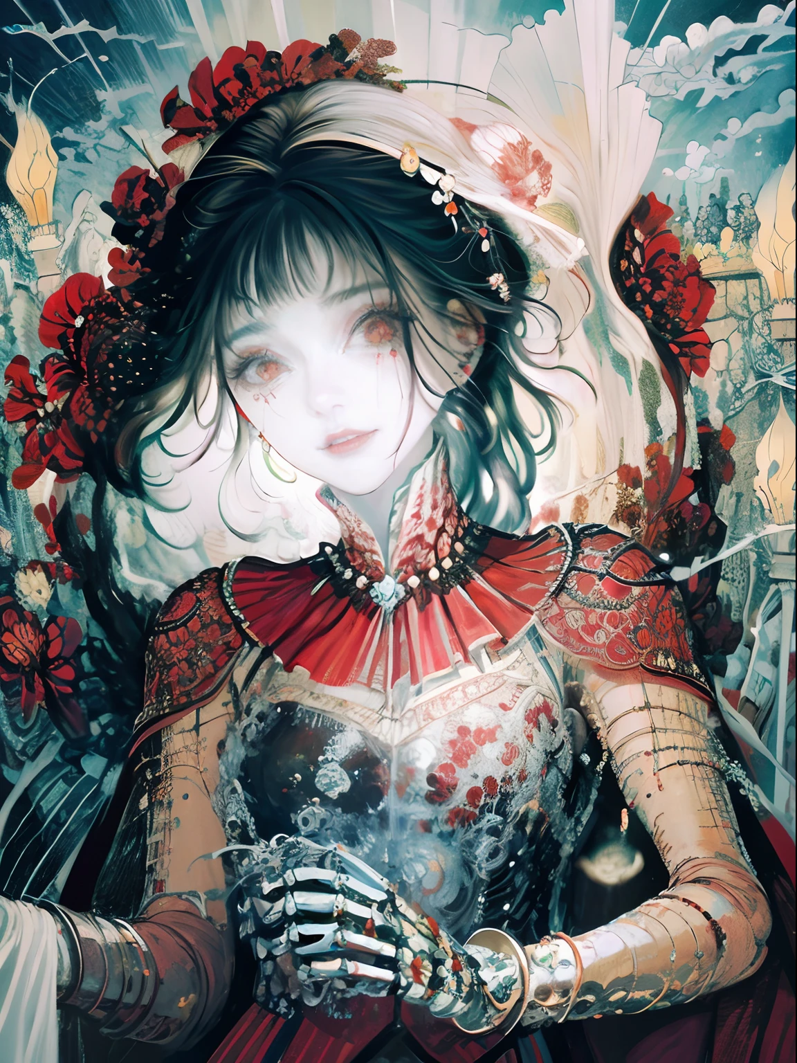 masterpiece, best quality, intricately detailed, a woman, beautiful, elegant, smile, blood, iridescent long hair, bangs, skirt, shirt, long sleeves, frills, shoes, bowtie, (red and black:1.4), flower, creepy, horror, skulls, long hair, black hair, candle, blood, hair flower, solo, hair ornament, bone, sitting, doll, skull, skeleton,  horror (theme)