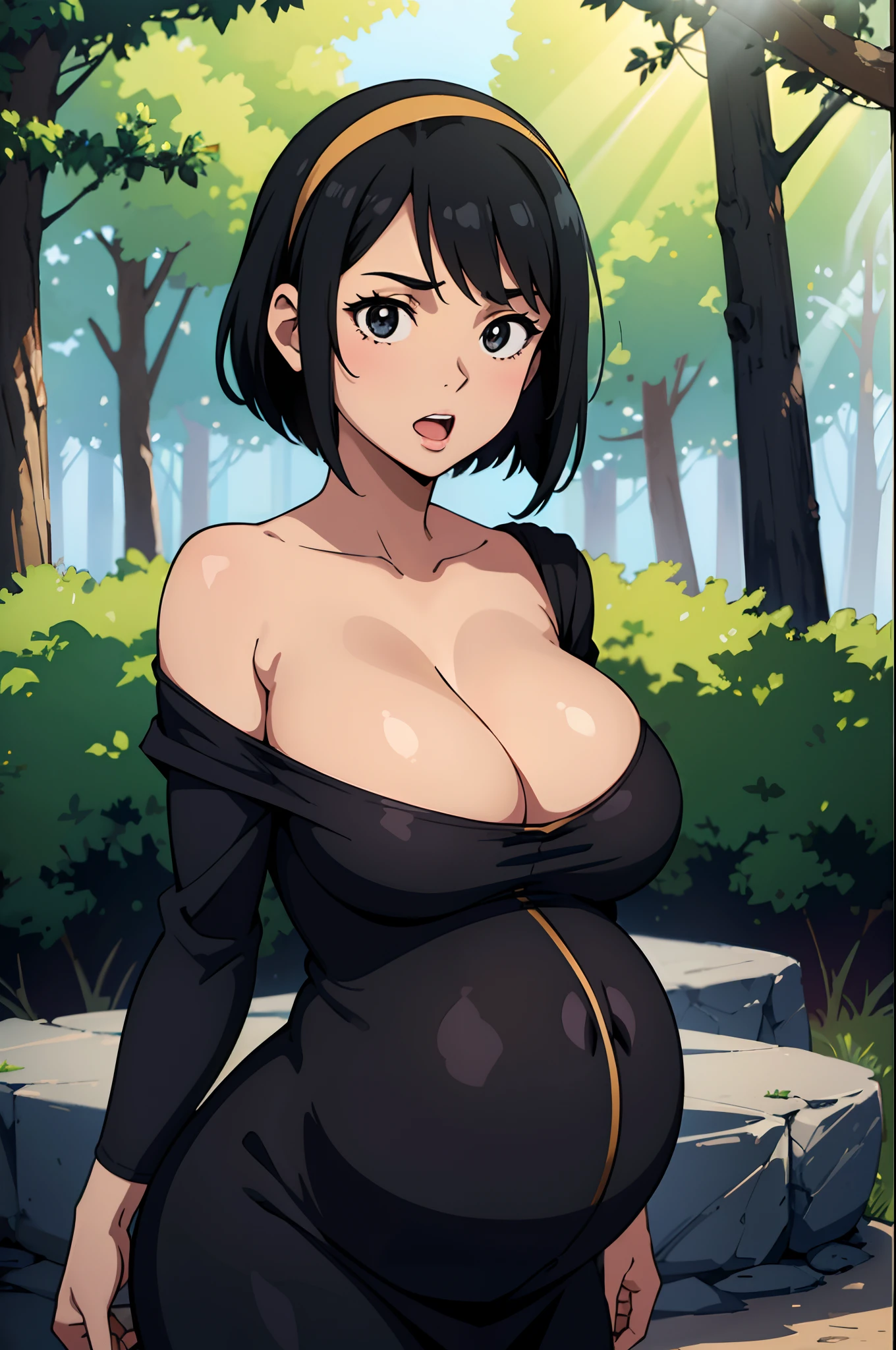 masterpiece, best quality, ultra-detailed, illustration, colorful, flat color, depth of field, lens flare, 1girl, abby shapiro, black hair, black eyes, short bob, anime, (shortstack), (shortstackBT), (closeup), (upper body), cowboy shot, looking at viewer, at forest, (black dress, pregnant, head band, cleavage), short height, detailed skin texture, beautiful detailed face, open mouth, excited, inviting, seductive, alluring attire, collarbone, (gigantic breasts, massive breasts, huge breasts, curvy, voluptuous, curvaceous, milf)