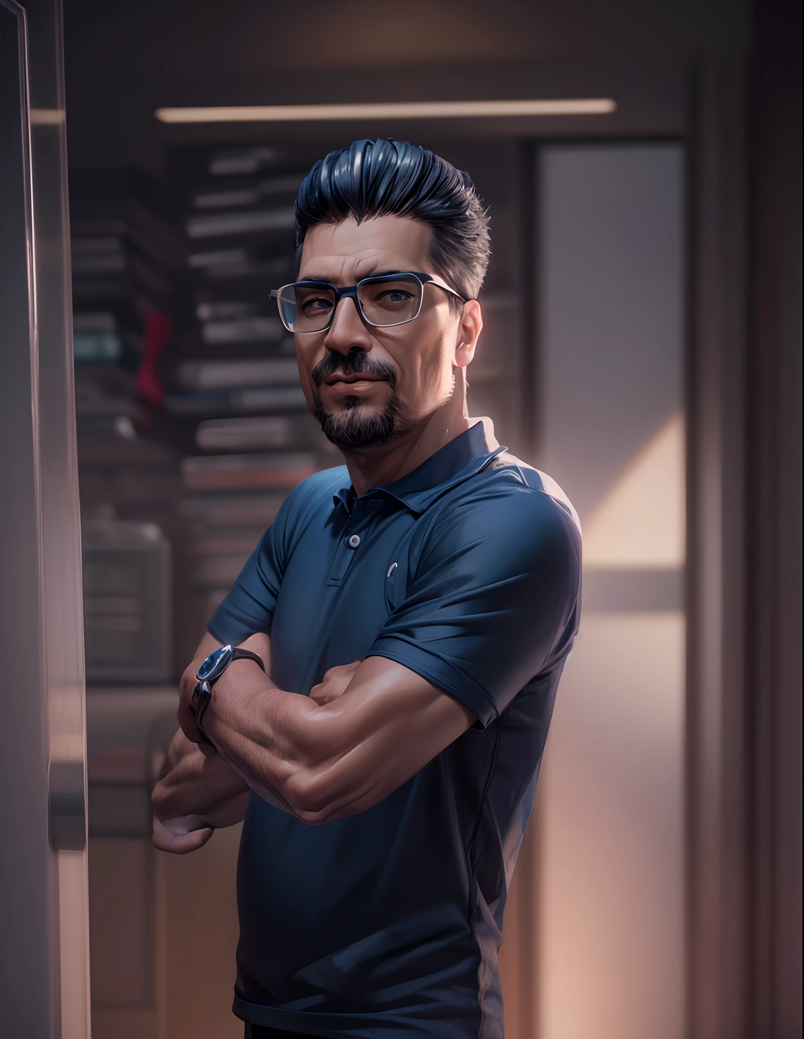 Cartoon character of a man with black glasses and a blue shirt, animation character, Caractere estilizado, animation style rendering, 3D estilizado, Arnold Maya render, 3 d render stylized, toon render keyshot, Personagem 3D, Personagem 3D, 3d rendering stylized, 3 d character render, personagem de desenho animado, Personagem de close up, Pose de personagem, (Estilo Pixar) (master part:1.2) (Bokeh) (best quality) (pele detalhada) (textura detalhada) (8k) (argila) (Cinematic lighting) (foco nítido