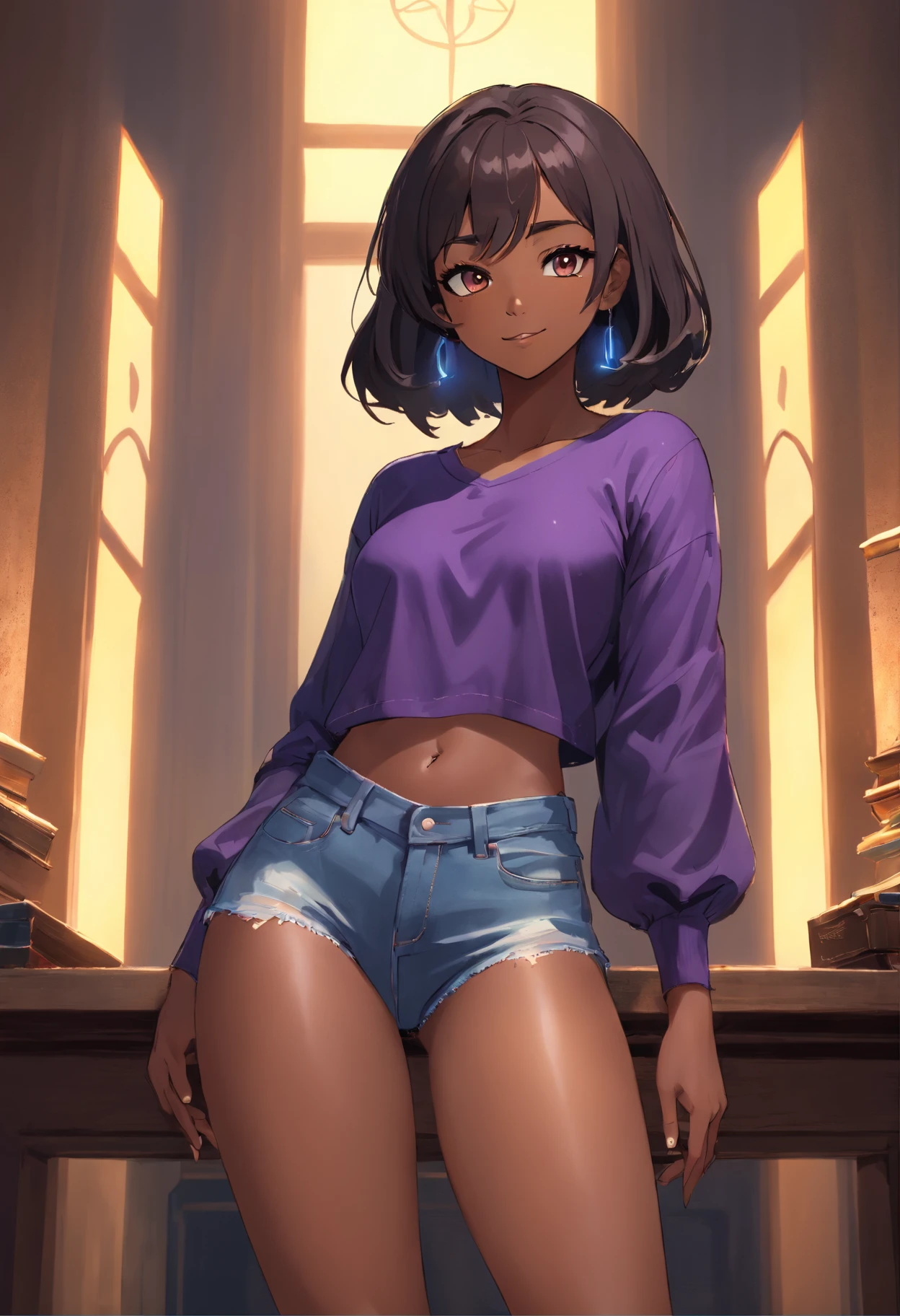 (black woman, afro-american, black gray hair, big light brown eyes, sexy body, slim waist and thick legs, jeans and black blouse, subtle Mona Lisa smile)

(best quality, 4k, high-res, masterpiece:1.2), ultra-detailed, realistic:1.37, HDR, studio lighting, professional, vivid colors, bokeh

(portraits, African-American art, contemporary)

(hints of purple and blue, warm and vibrant color palette)

(gentle and diffused lighting, emphasizing the facial features)

Please generate a Stable Diffusion prompt based on the given description above.