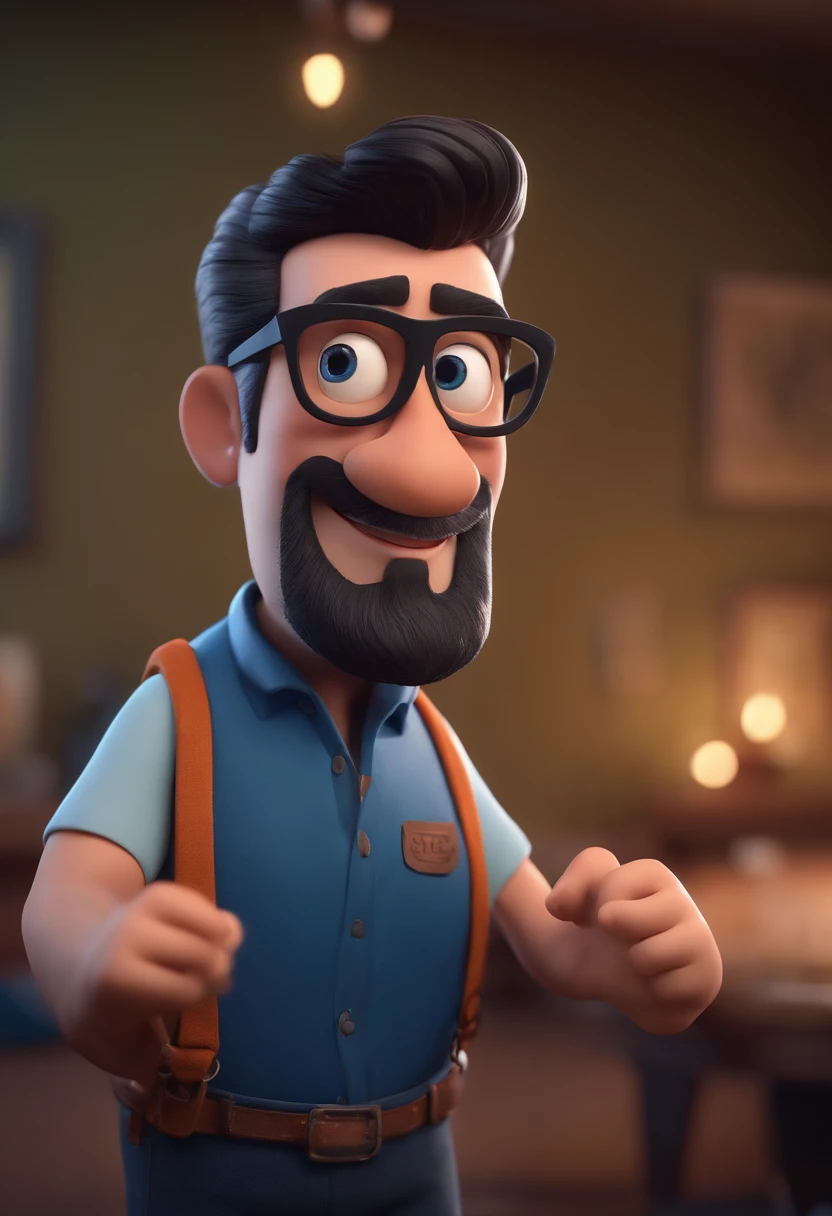 Cartoon character of a man with black glasses and a blue shirt, animation character, Caractere estilizado, animation style rendering, 3D estilizado, Arnold Maya render, 3 d render stylized, toon render keyshot, Personagem 3D, Personagem 3D, 3d rendering stylized, 3 d character render, personagem de desenho animado, Personagem de close up, Pose de personagem,  (Estilo Pixar) (master part:1.2) (Bokeh) (best quality) (pele detalhada) (textura detalhada) (8k) (argila) (Cinematic lighting) (foco nítido
