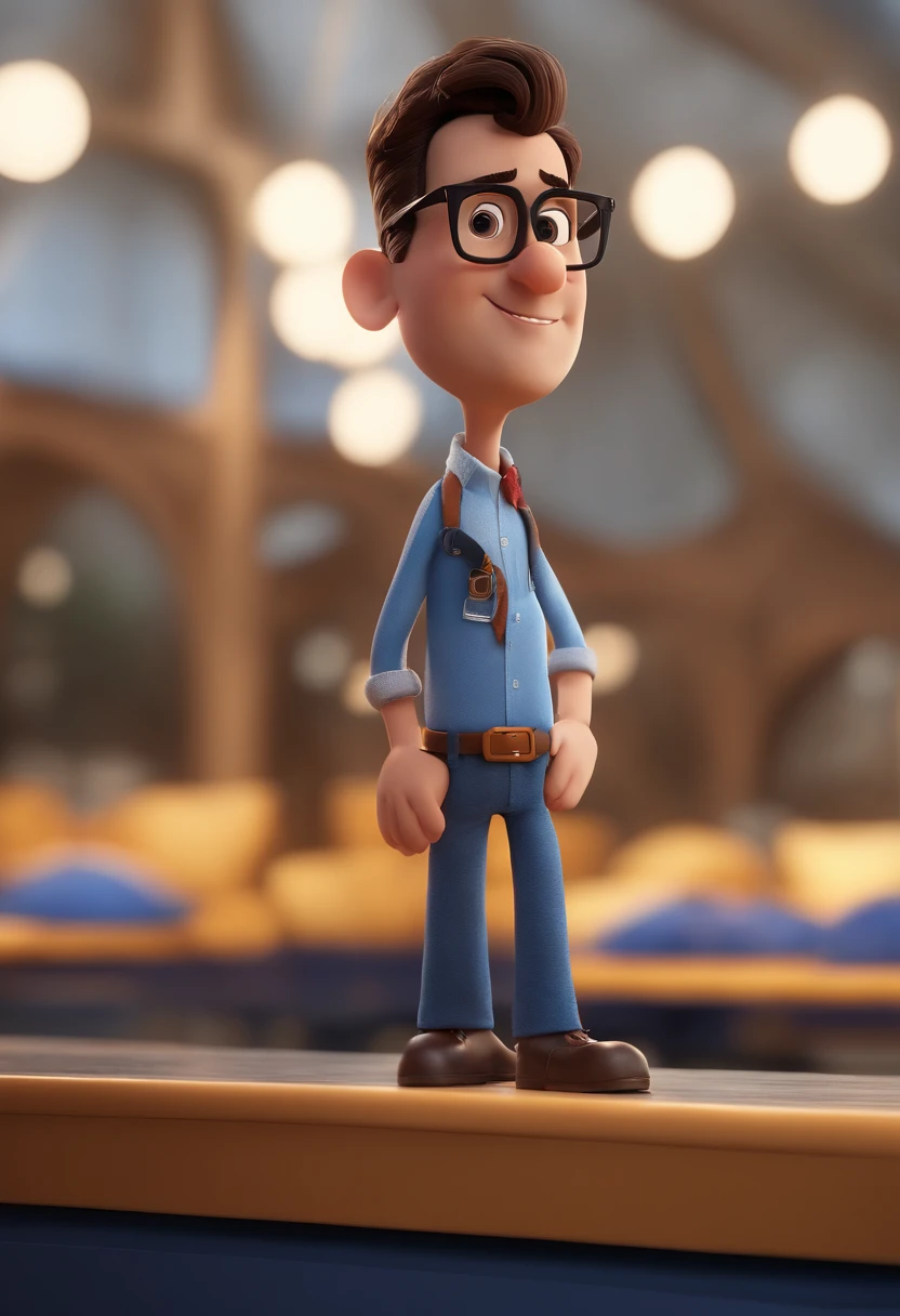 Cartoon character of a man with black glasses and a blue shirt, animation character, Caractere estilizado, animation style rendering, 3D estilizado, Arnold Maya render, 3 d render stylized, toon render keyshot, Personagem 3D, Personagem 3D, 3d rendering stylized, 3 d character render, personagem de desenho animado, Personagem de close up, Pose de personagem, (Estilo Pixar) (master part:1.2) (Bokeh) (best quality) (pele detalhada) (textura detalhada) (8k) (argila) (Cinematic lighting) (foco nítido