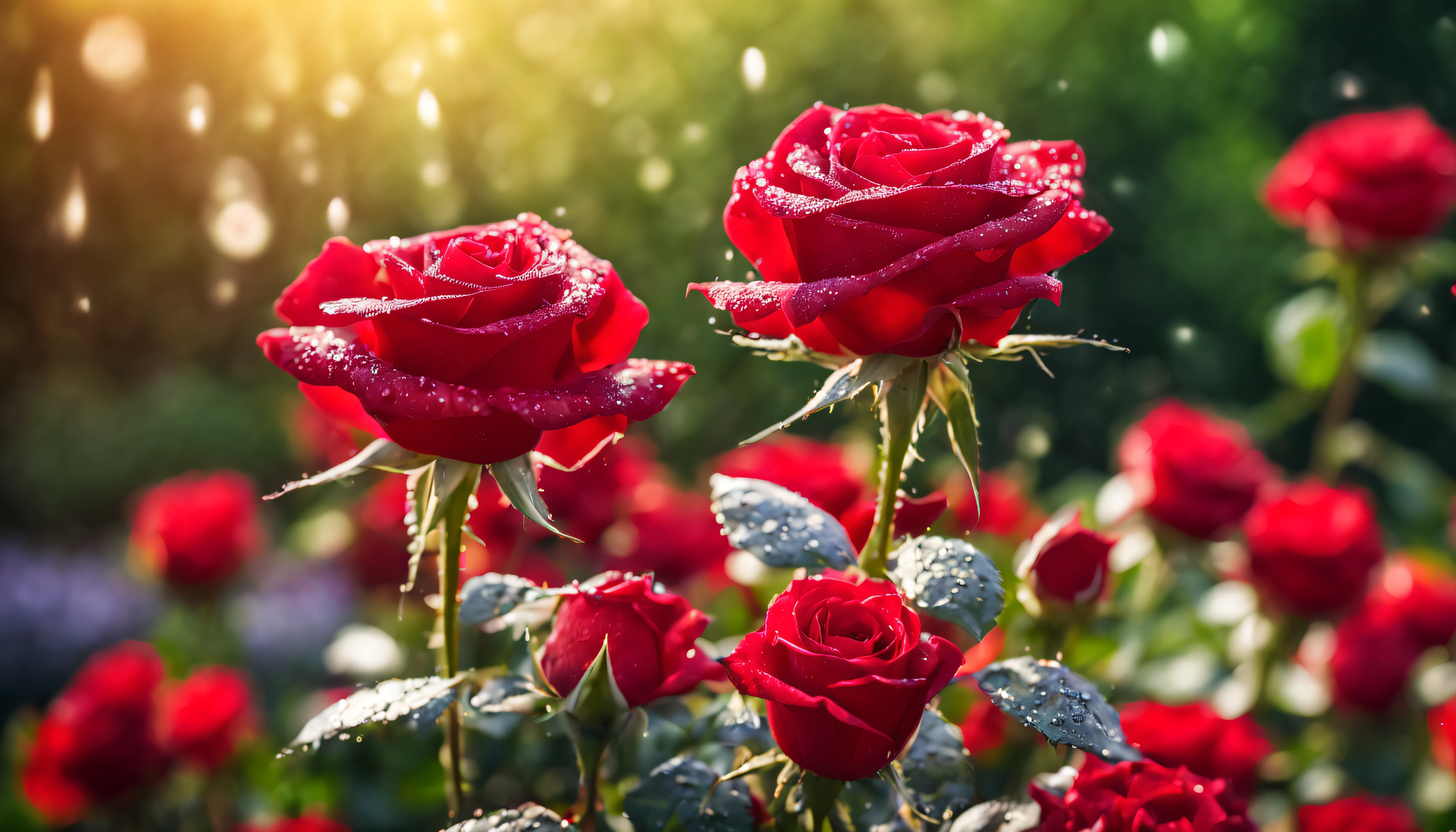 Many red color rose flowers in the garden and sunlight with bokeh, dew drops on flower petals (masterpiece, ultra quality, high resolution, 8k, intricate: 1.2), (masterpiece), (best quality:1)
