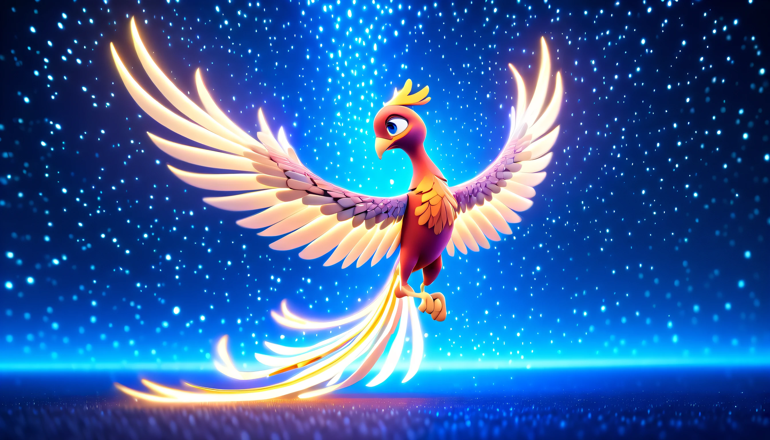 (((Pixar style:1.3))), (((single phoenix:1.3))), (((digital 3d cartoon:1.3))), (flying in the sky with stunning pose:1.2), ((sparkling light falling down:1.1)), universe background, end of the apocalypse wish, dark cyan white of beautiful pixel glow, (((intricate insane details:1.3))), (((intricate fine details:1.3))), (((beautiful sad masterpiece:1.3))), (((nice quality:1.3))), (((Disney-Pixar inspire:1.3))), toon rendering,