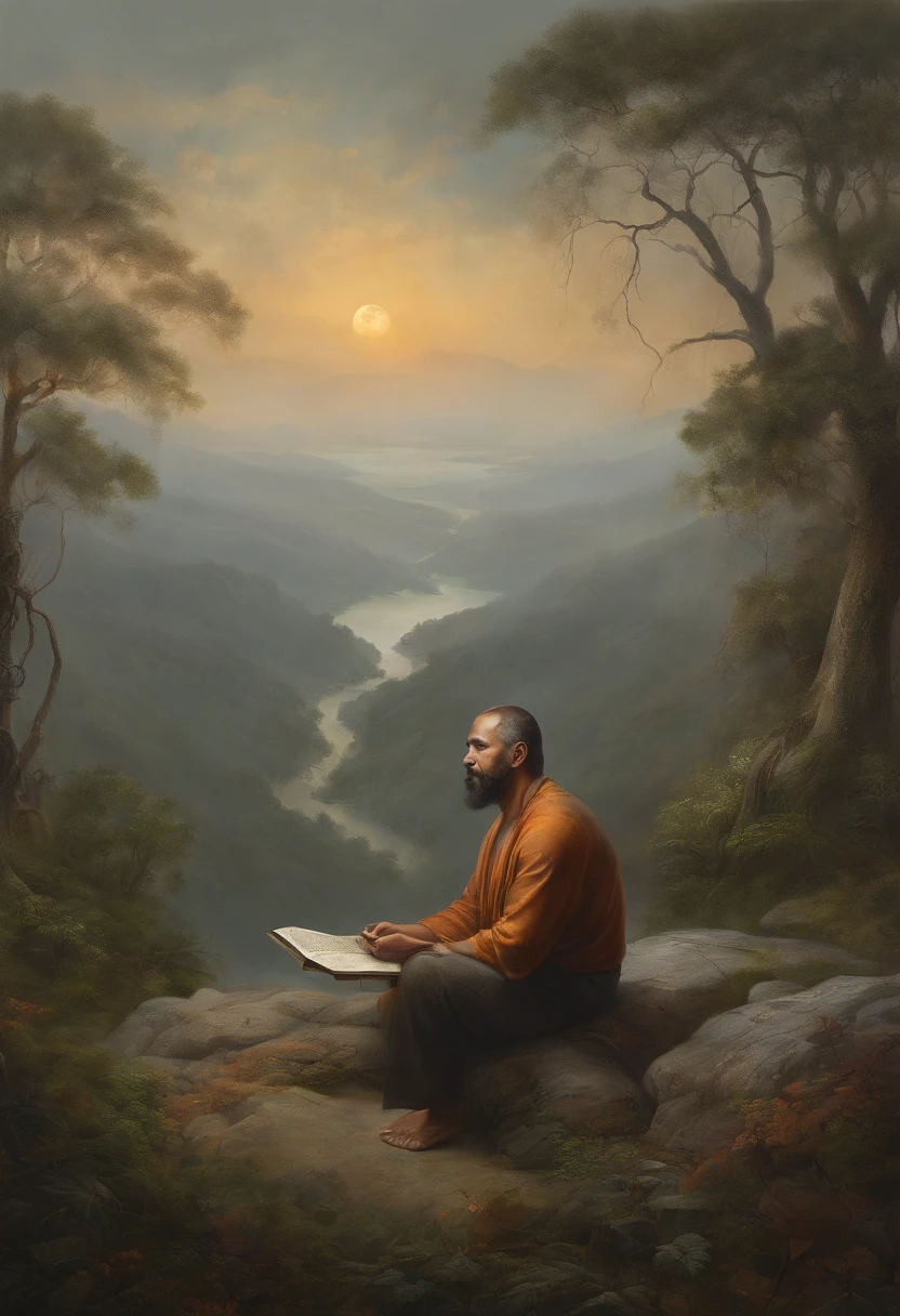 homem maduro, sitting in a meditation position, diante de um orisonte lindo, com o sol se pondo, in connection with the divine, Foto retrato, Directed by: Drew Tucker, Directed by: Adam Marczyński, Directed by: Alexandre Kucharsky, Directed by: Gavin Nolan, Surrealismo 8K, Directed by: Jason Felix, Yuri Shwedoff e Tom Bagshaw, arte ilustrativa, Estilo Erik Johansson