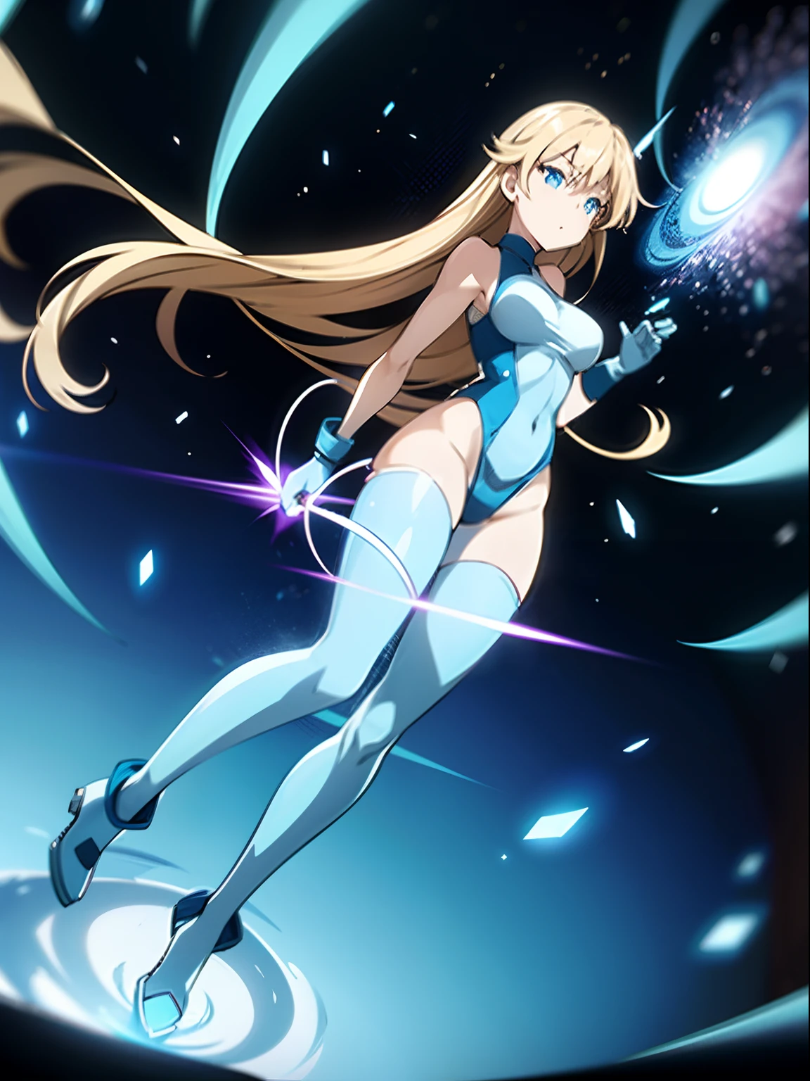 masterpiece, best quality, highres, 1girl, solo, superhero, leotard, bare legs, boots, matching boots, aura, blue aura, sleeveless, gloves, bracelets, matching gloves, looking at viewer, light particles, space backdrop, perfect hands, perfect eyes, powering up, perfect leotard, perfect legs, perfect arms, perfect fingers, blue and white leotard, blonde hair, blue eyes, medium breasts, long hair, spinning, tornado spin, whirlwind spin, wind particles, light swirls, tornado, hurricane spin, time travel, tornado winds, cyclone spin, standing, super spin, rapid gyration