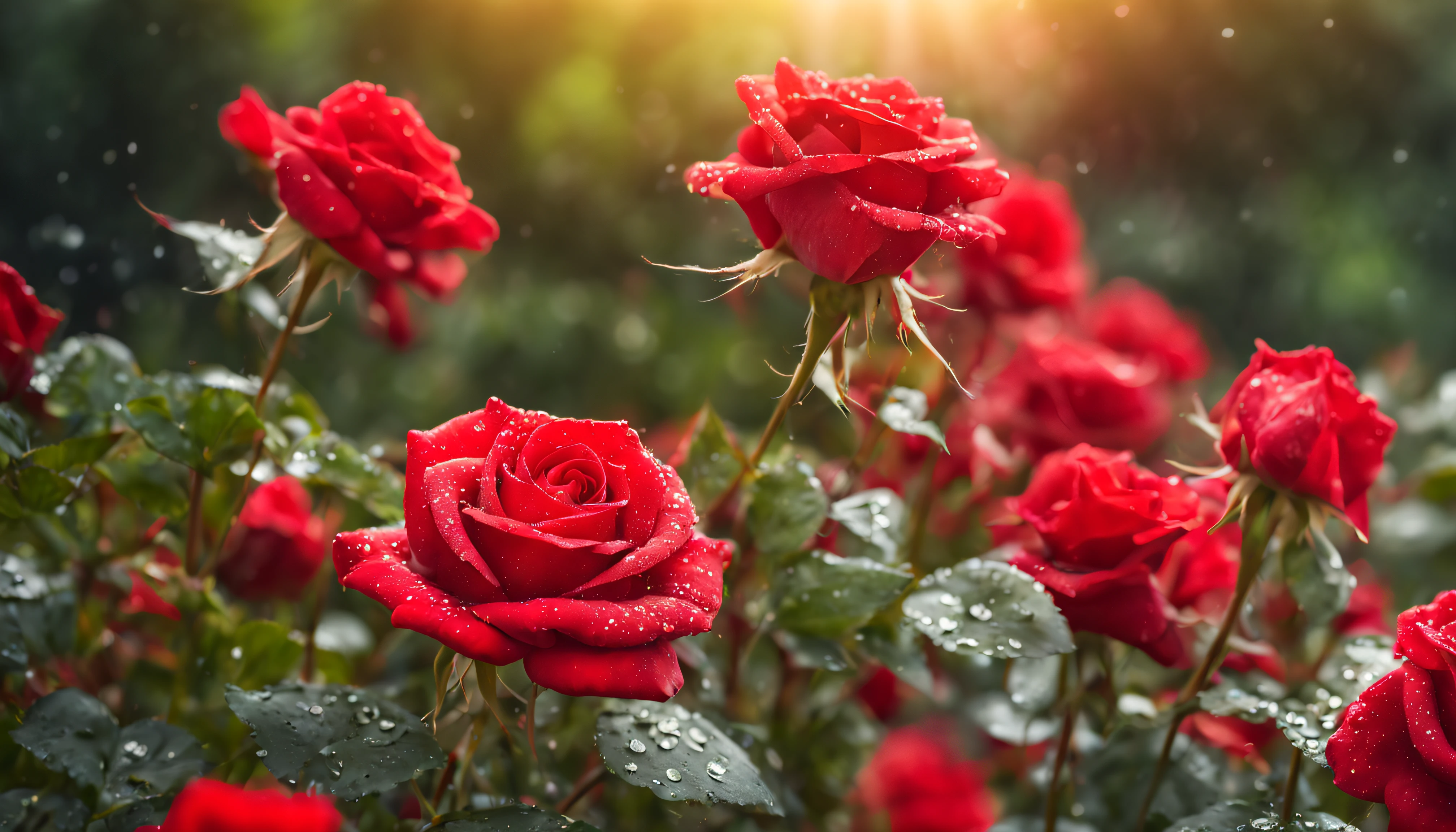 Many red color rose flowers in the garden and sunlight with bokeh, dew drops on flower petals (masterpiece, ultra quality, high resolution, 8k, intricate: 1.2), (masterpiece), (best quality:1)