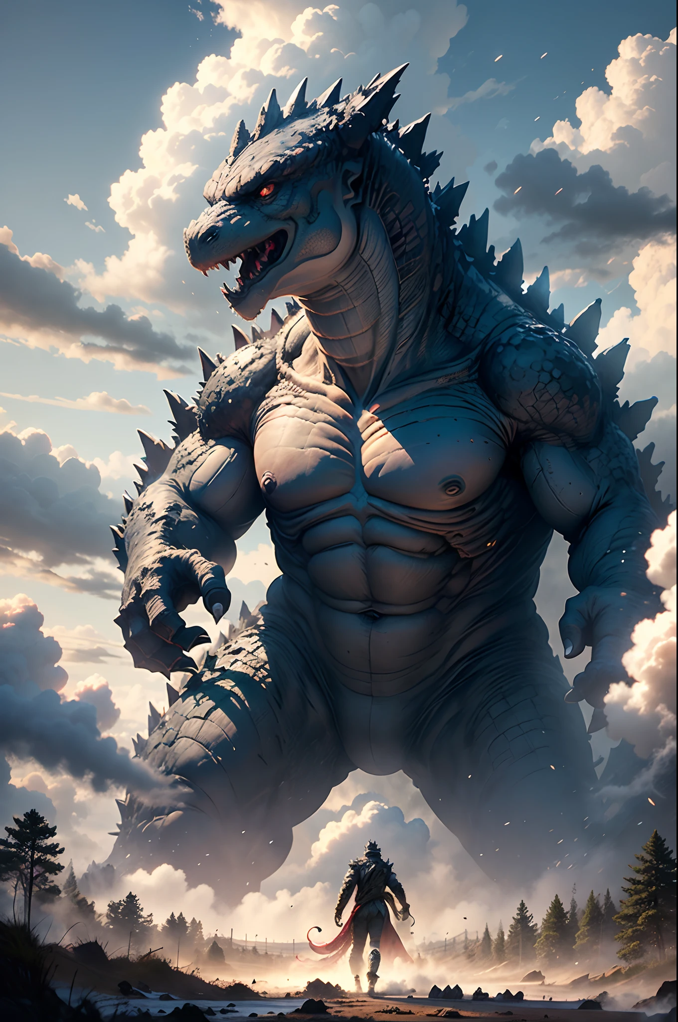 Godzilla, Big monster with Two hands, two legs, long tail. the forest, massive head and hands, background is a medieval city, medieval style, blue and gray, brightly, at day, anime style, masterpiece, super accurate