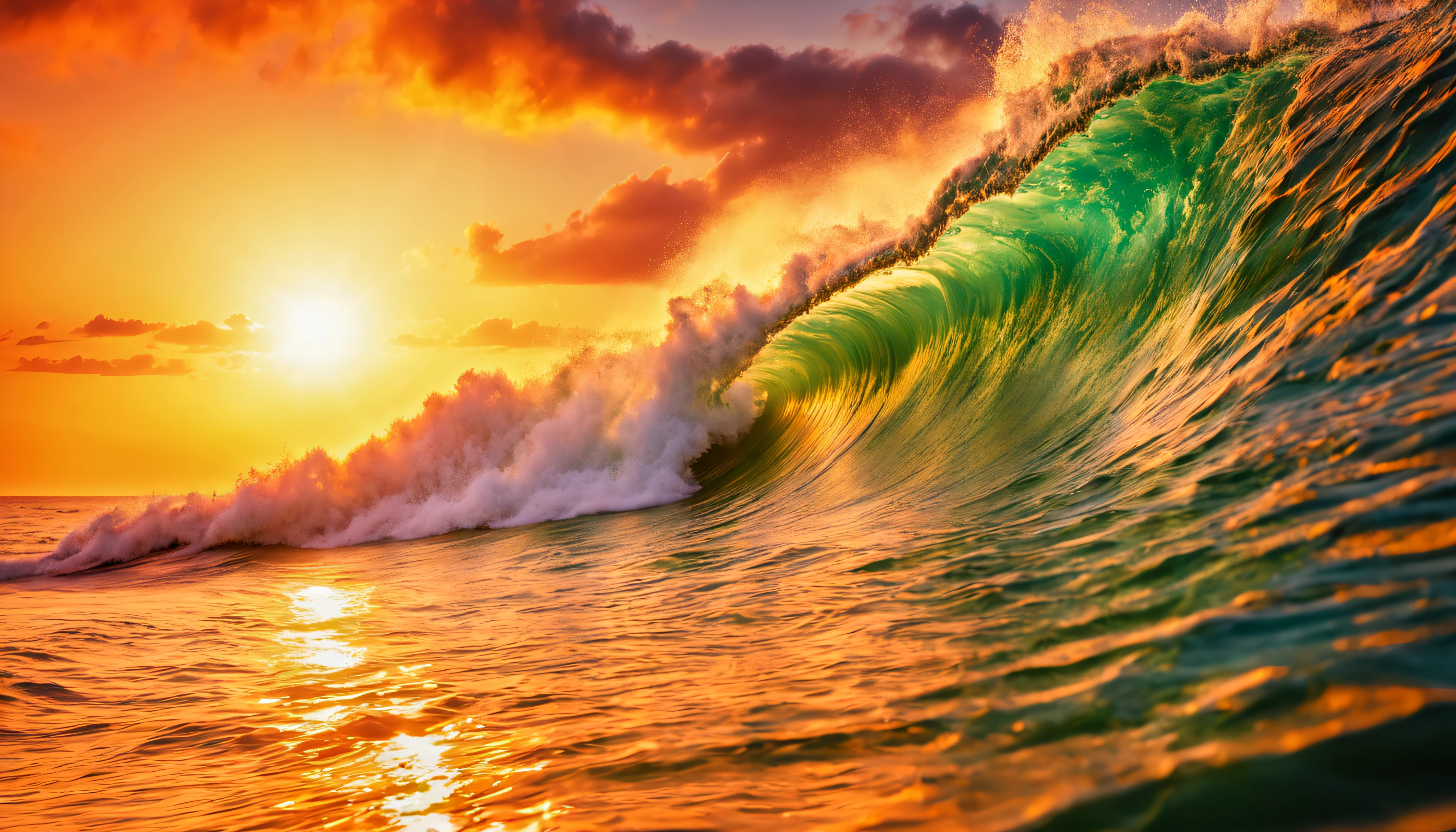 sunset over the ocean with a wave breaking in front of it, chaotic sea setting, beautiful waves in sea, sunset at the beach, epic red - orange sunlight, vibrant sunrise, shutterstock, beautiful sunrise, sunset on the beach, beautiful sunset, sea, vibrant sunset, tall backlit waves, the most beautiful sunset, soaring waves, rising from ocean, sunset glow
