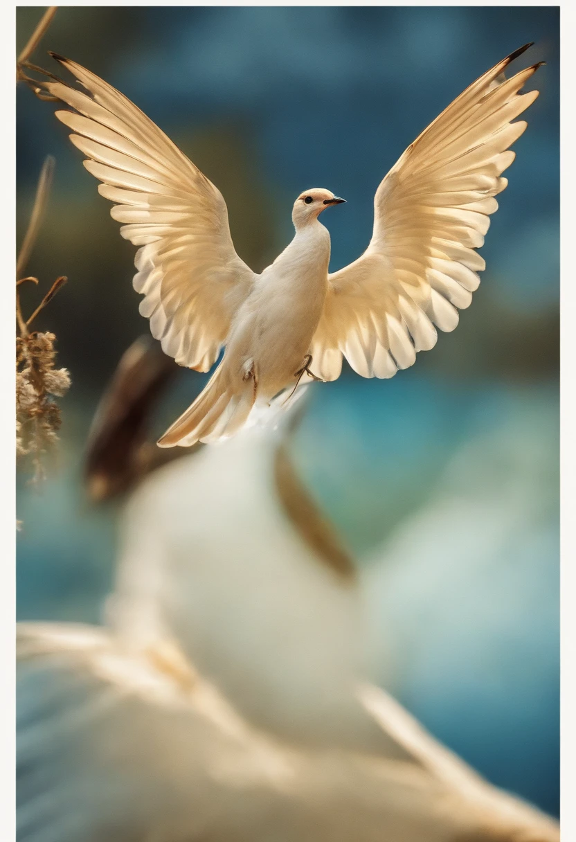master part, best quality, 1girl, bird, gaivota, heaven, Cloud, polca_ponto, azul_heaven, sozinho, Nublado_heaven, bug, borboleta, dia, corar, rebanho, ao ar livre, Abigail