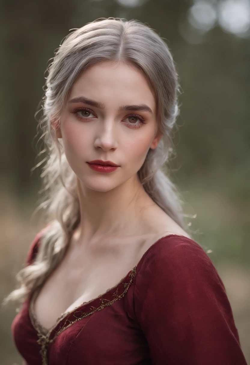 (((A deep red wound streaked across her left cheek))) Fair complexion, A woman around 19 years old, Natural gray hair, Unique green eyes, Wear Cole, Slender and graceful, Beautiful, Candlelight in a medieval setting, super sharp focus, realistic lens, Medieval women's clothing, Four colors (Scar:1.4)