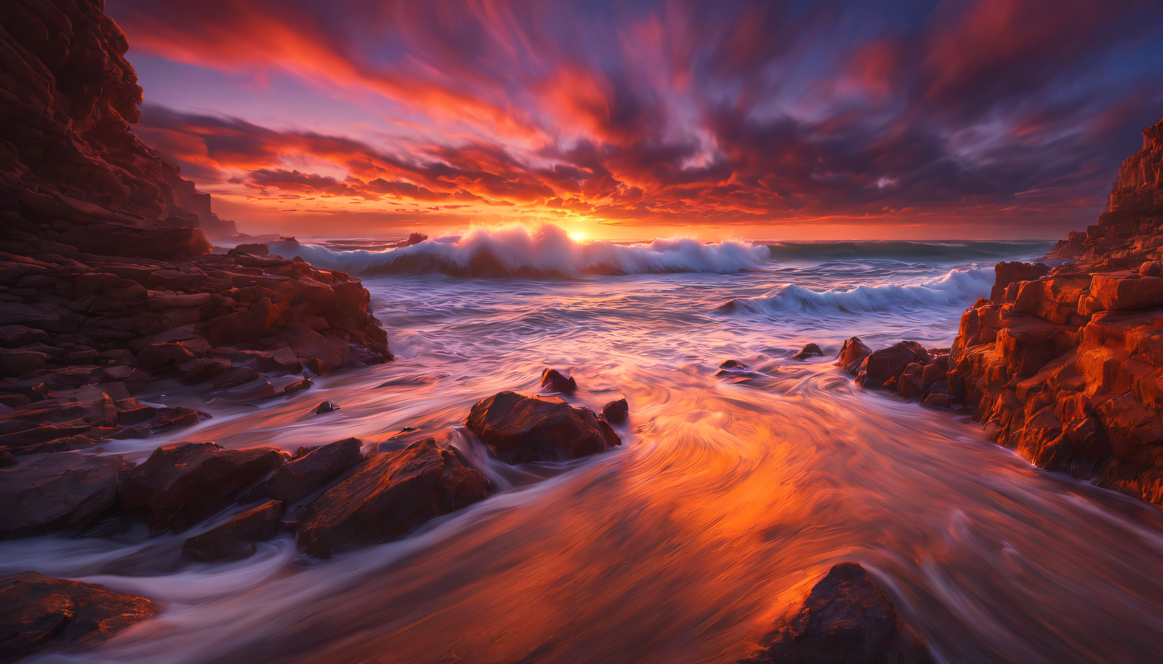 arafed view of a sunset over the ocean with waves crashing, chaotic sea setting, vibrant sunrise, breathtaking colors, breathtaking look, vibrant sunset, breathtaking composition, beautiful sea landscapes, stunning sunset, magnificent background, sunset glow, beautiful background, beautiful dreamy breathtaking, marc adamus, warm beautiful scene, epic sunset, beautiful sunset, beautiful sunset glow, beautiful ocean