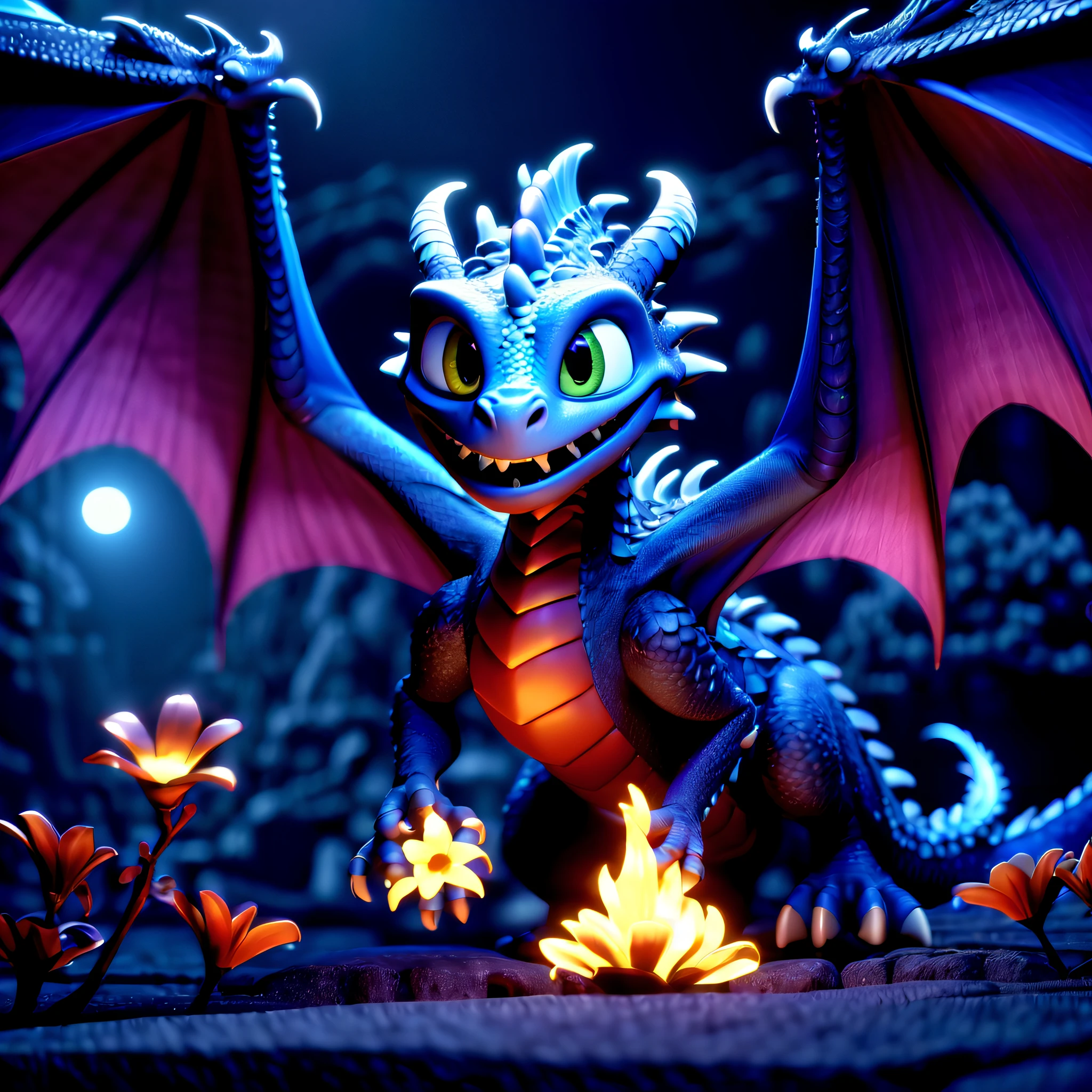 (((Pixar style:1.3))), (((single dragon:1.3))), wings, (((CG animation:1.3))), cinematic still, (stylish gorgeous with stunning pose:1.2), ((fire flower breath:1.3)), dark fantasy landscape detail, moon night, azure black and dark white, (((intricate insane details:1.3))), (((intricate fine details:1.3))), (((beautiful sad masterpiece:1.3))), (((nice quality:1.3))), (((Disney-Pixar inspire:1.3))), toon rendering,