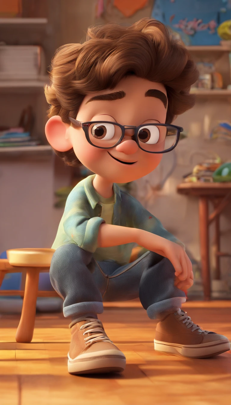 Create a Disney Pixar-inspired poster with the character being a young boy wearing round glasses, wavy brown hair , pele branca ,