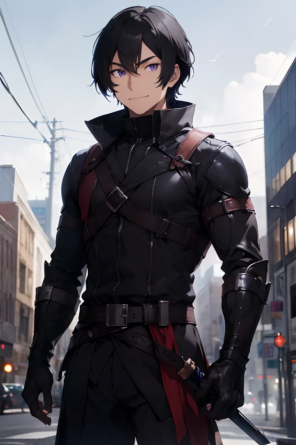 Black hair, Purple eyes, assassin, black clothing, assassin clothing, handsome man, smiling, two swords on it's back, emotionless face, Midnight city background,