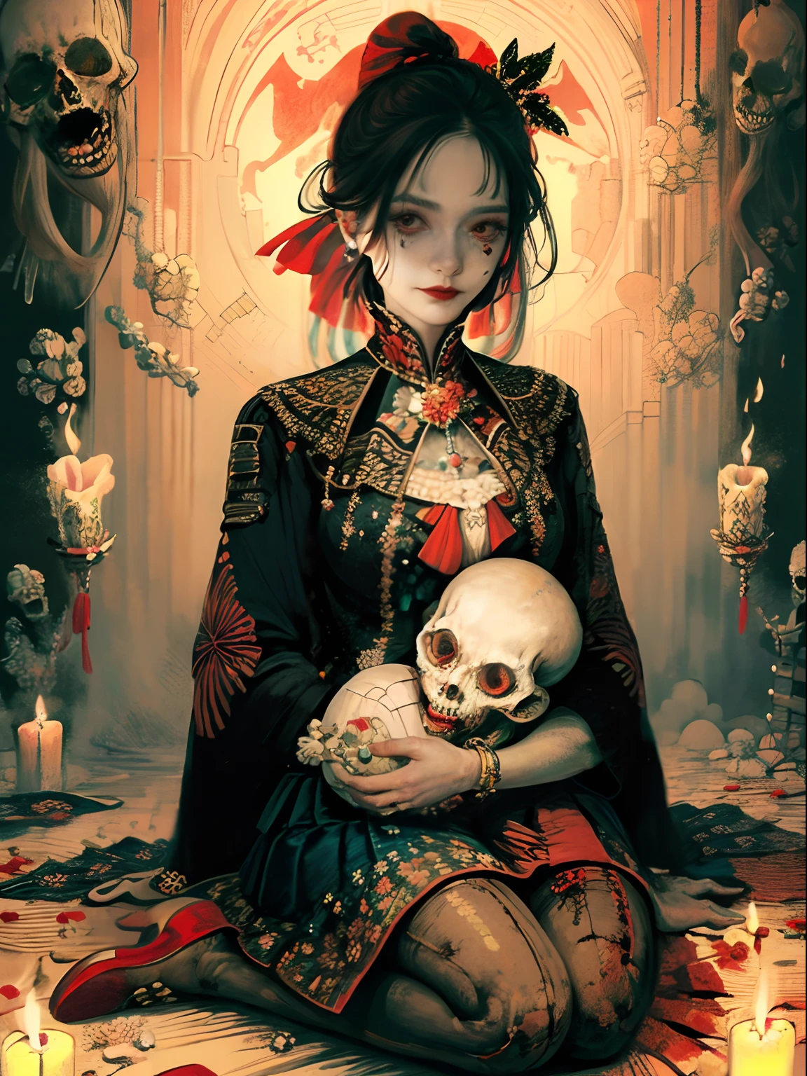 masterpiece, best quality, intricately detailed, a woman, beautiful, elegant, smile, blood, iridescent long hair, bangs, bow, hair bow, skirt, shirt, long sleeves, frills, shoes, bowtie, (red and black:1.4), flower, creepy, horror, skulls, ong hair, black hair, candle, blood, hair flower, solo, hair ornament, bone, sitting, doll, skull, skeleton,  horror (theme)