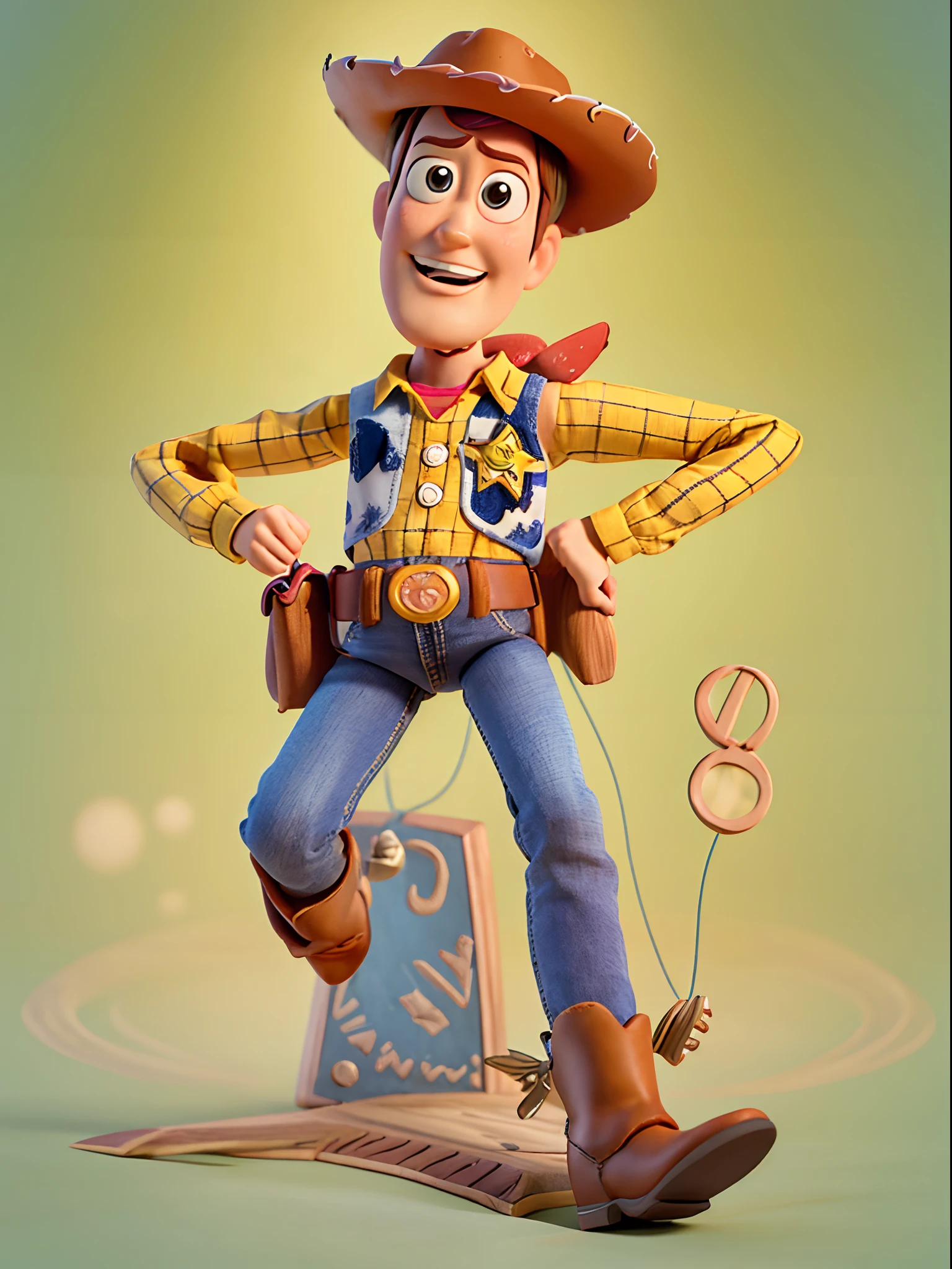1woody character of toy story, Pixar style, vibrant colors, detailed facial features, cowboy hat, button-up shirt, denim jeans, sheriff badge, cowboy boots, pull-string voice box, toy-like appearance, animation, dynamic pose, adventurous spirit, whimsical background, playful lighting
