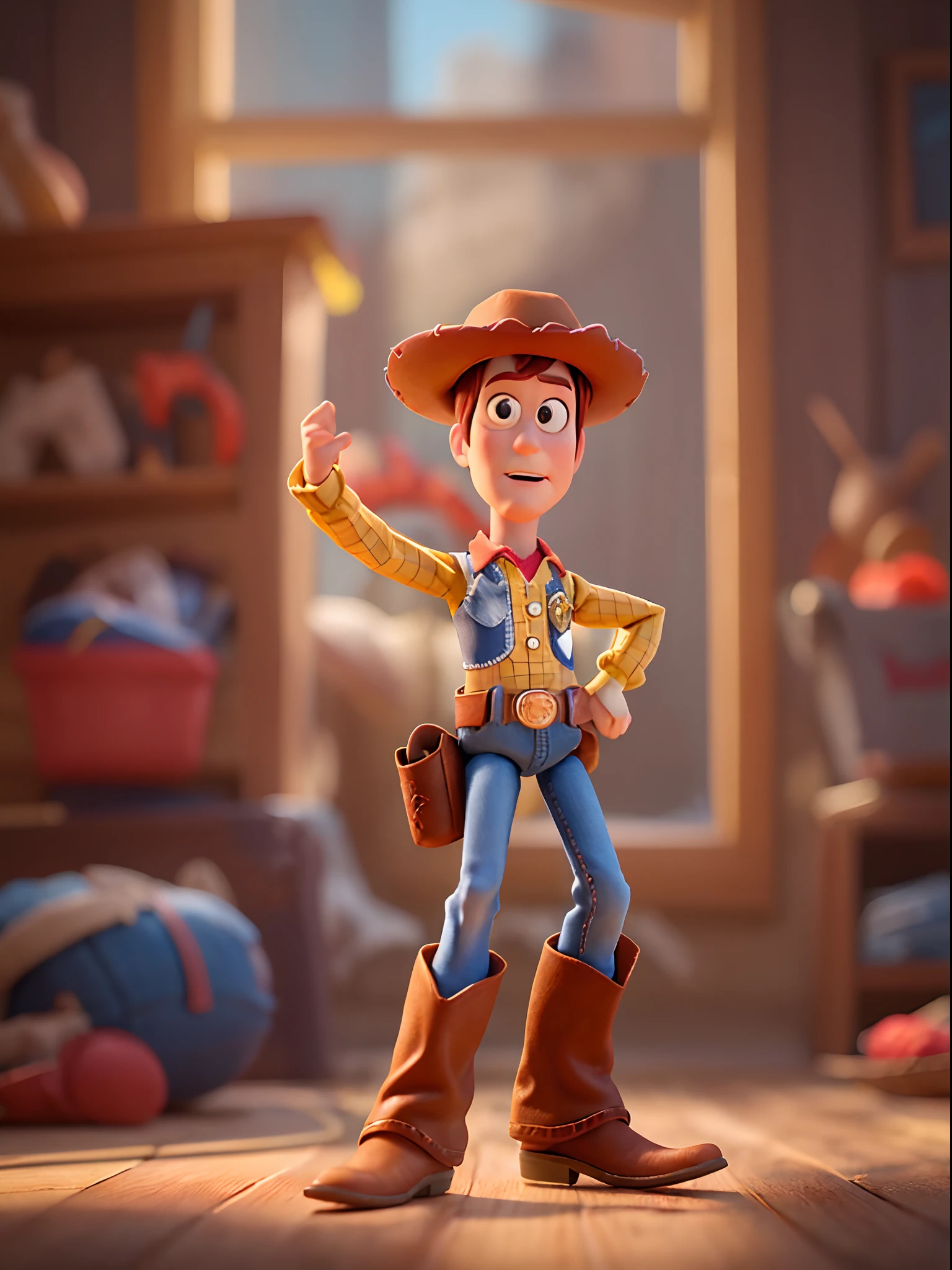 1woody character of toy story, Pixar style, vibrant colors, detailed facial features, cowboy hat, button-up shirt, denim jeans, sheriff badge, cowboy boots, pull-string voice box, toy-like appearance, animation, dynamic pose, adventurous spirit, whimsical background, playful lighting
