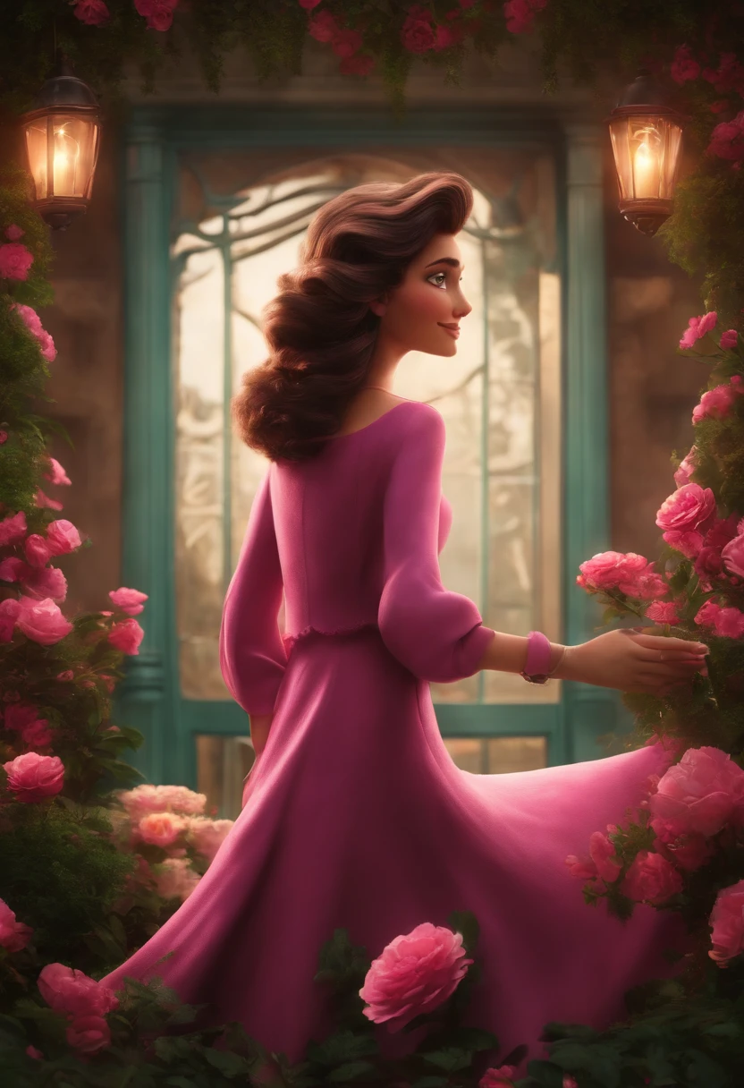 Criar um personagem no estilo pixar dentro de um jaleco rosa. personagem branca, cabelo longo preto, sorridente.