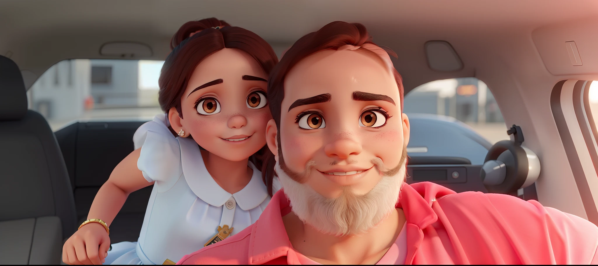 mulher morena. baby girl, vestido rosa. Homem com barba uniforme.