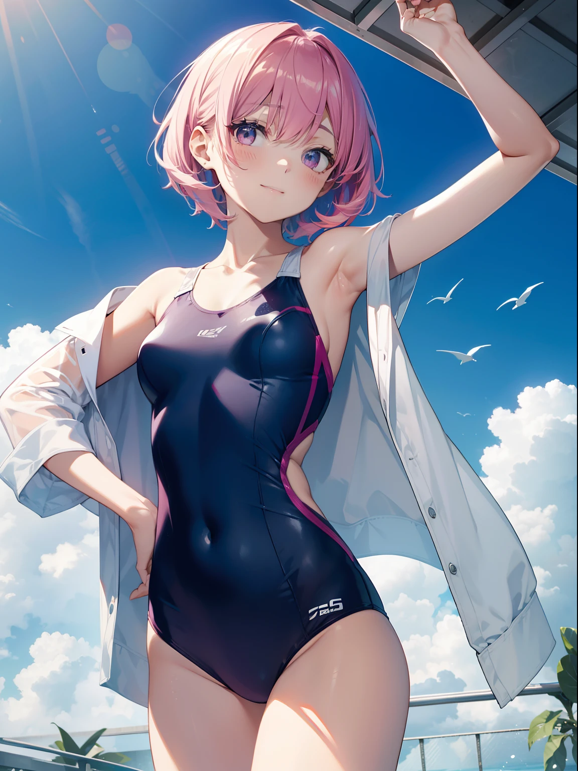 The ultra -The high-definition、high-level image quality、top-quality、Full feet and hands、complete fingers、Beautuful Women、1 persons、pinkhair、Bery short hair、ssmile、Pink swimsuit、Niō Standing、Arms crossed