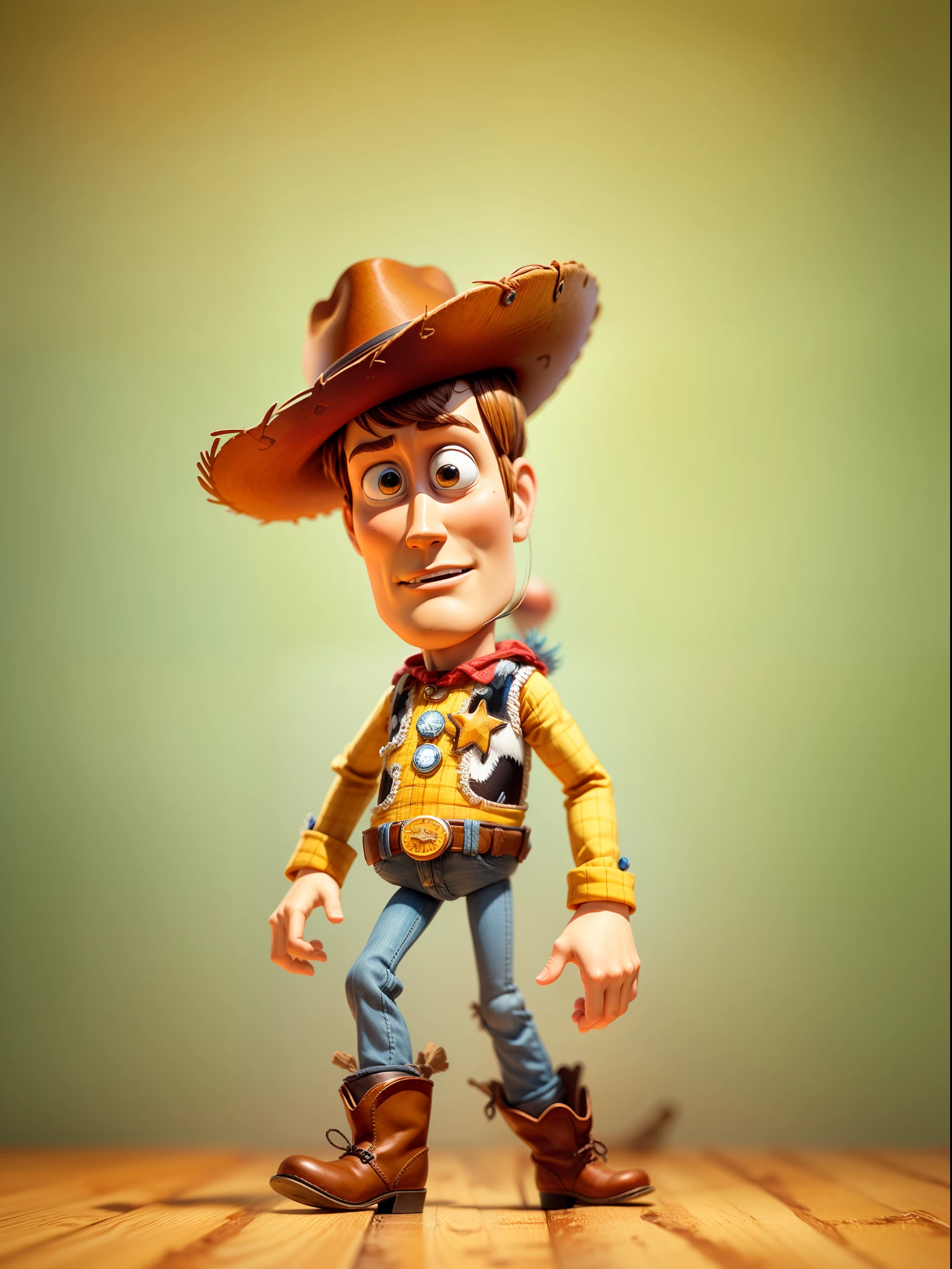 1woody character of toy story, Pixar style, vibrant colors, detailed facial features, cowboy hat, button-up shirt, denim jeans, sheriff badge, cowboy boots, pull-string voice box, toy-like appearance, animation, dynamic pose, adventurous spirit, whimsical background, playful lighting