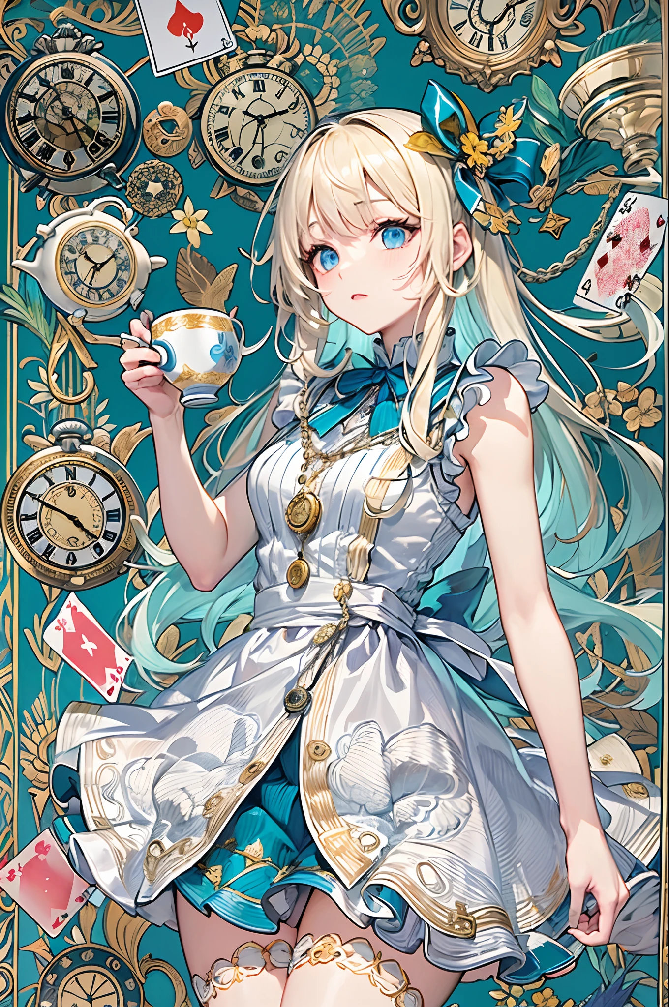 (masuter piece、top-quality、Mystical、Beautifully Aesthetic、Perfect human body balance、offcial art、Impresionismo、von gogh:1.2)、(1 girl in:1.3)、(Fractal Art:1.0)、shinny skin、patterns、(alice in the wonderland:1.2)、(PlayingCards、tea cup、pocket watch:1.3)、(Tie your hair with a ribbon、Blue Dress、a miniskirt、beauty legs、White Apron、white sock、platinum-blonde、Blue eyes)、Exotic wallpapers、highly colorful、Abstract background、Fantastical