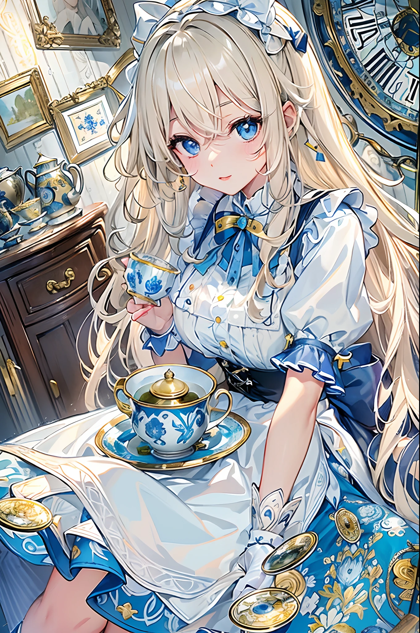 (masuter piece、top-quality、Mystical、Beautifully Aesthetic、Perfect human body balance、offcial art、Impresionismo、von gogh:1.2)、(1 girl in:1.3)、(Fractal Art:1.0)、shinny skin、patterns、(alice in the wonderland:1.2)、(PlayingCards、tea cup、pocket watch:1.3)、(Tie your hair with a ribbon、Blue Dress、a miniskirt、beauty legs、White Apron、white sock、platinum-blonde、Blue eyes)、Exotic wallpapers、highly colorful、Abstract background、Fantastical