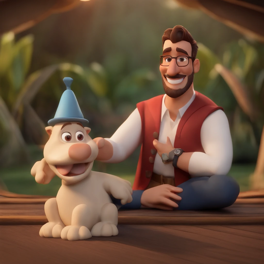 Personagem de desenho animado de um homem moreno, magro e com barba grisalha, cabelos curtos e calvo, usando uma camisa vermelha com listras horizontais pretas, um personagem animado, Caractere estilizado, animation style rendering, 3D estilizado, Arnold Maya render, 3 d render stylized, toon render keyshot, Personagem 3D, Personagem 3D, 3d rendering stylized, 3 d character render, personagem de desenho animado, Personagem de close up, Pose de personagem, (Estilo Pixar) (master part:1.2) (Bokeh) (best quality) (pele detalhada) (textura detalhada) (8k) (argila) (Cinematic lighting) (foco nítido,Senta e vaza a parte superior do corpo