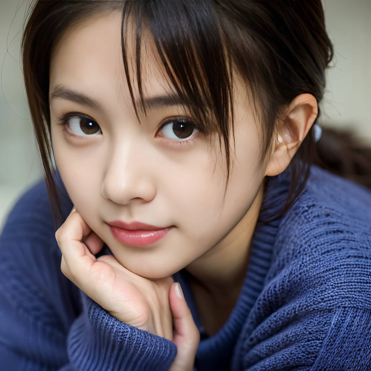 best quality, masterpiece, ultra high res, (photorealistic:1.4), RAW photo, 

from above, portrait, 
1girl, the most Japanese popular idol, 
wearing very loose sweater and sexy designed bra, leaning forward, 

extremely cute face, absolutely beautiful big black eyes, pretty wet lips, amazingly beautiful small breasts, beautiful black hair, exactly beautiful skins, 

detailed face, detailed eyes, detailed lips, detailed breasts, detailed hair, detailed skin