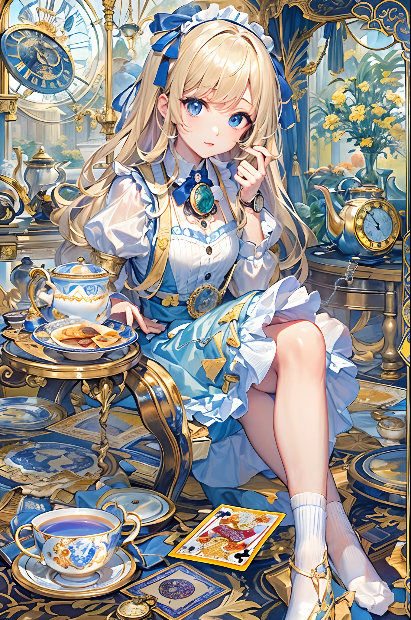 (masuter piece、top-quality、Mystical、Beautifully Aesthetic、Perfect human body balance、offcial art、Impresionismo、von gogh:1.2)、(1 girl in:1.3)、(Fractal Art:1.0)、shinny skin、patterns、(alice in the wonderland:1.2)、(PlayingCards、tea cup、pocket watch:1.3)、(Tie your hair with a ribbon、Blue Dress、a miniskirt、beauty legs、White Apron、white sock、platinum-blonde、Blue eyes)、Exotic wallpapers、highly colorful、Abstract background、Fantastical