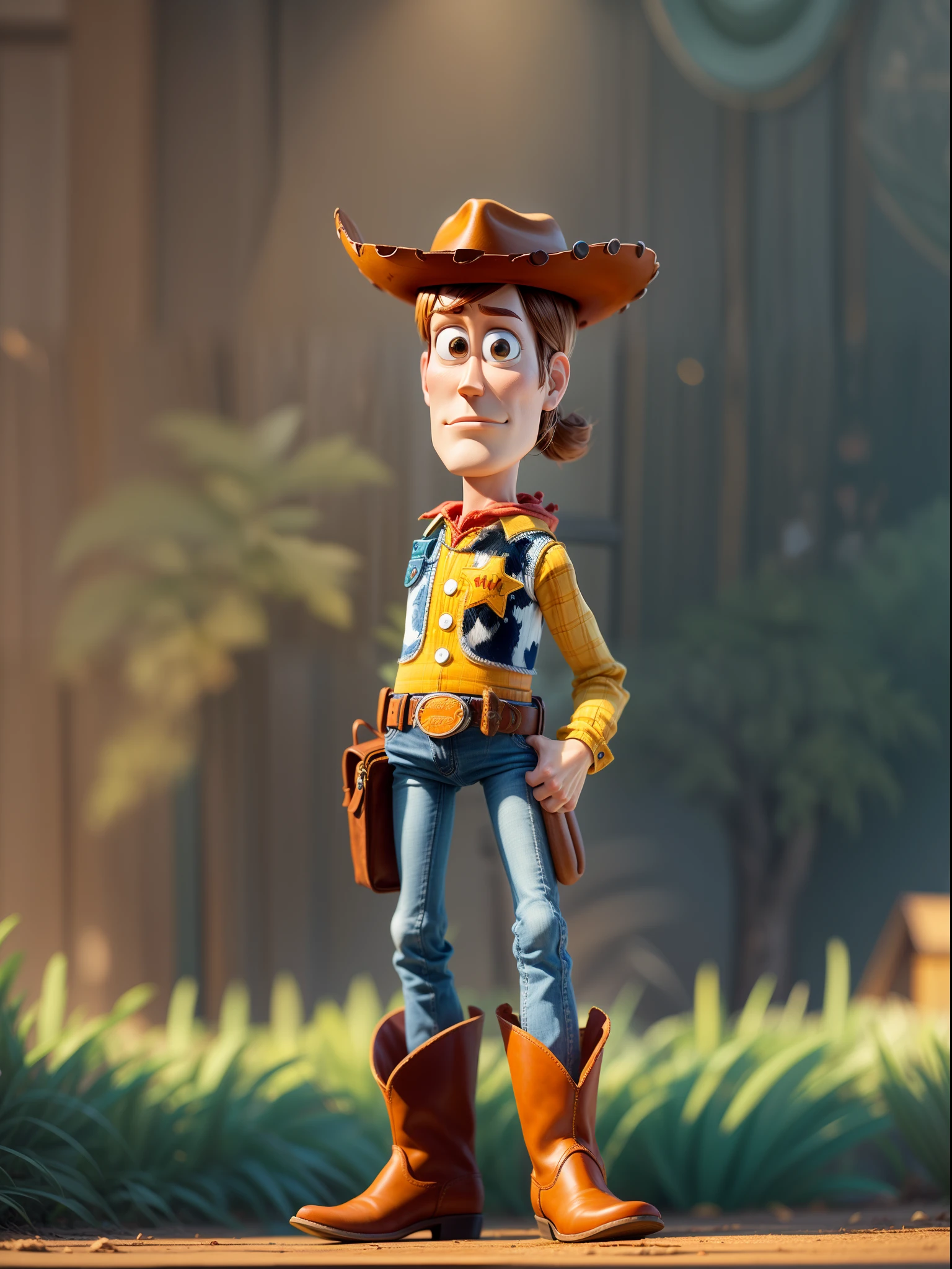 1woody character of toy story, Pixar style, vibrant colors, detailed facial features, cowboy hat, button-up shirt, denim jeans, sheriff badge, cowboy boots, pull-string voice box, toy-like appearance, animation, dynamic pose, adventurous spirit, whimsical background, playful lighting