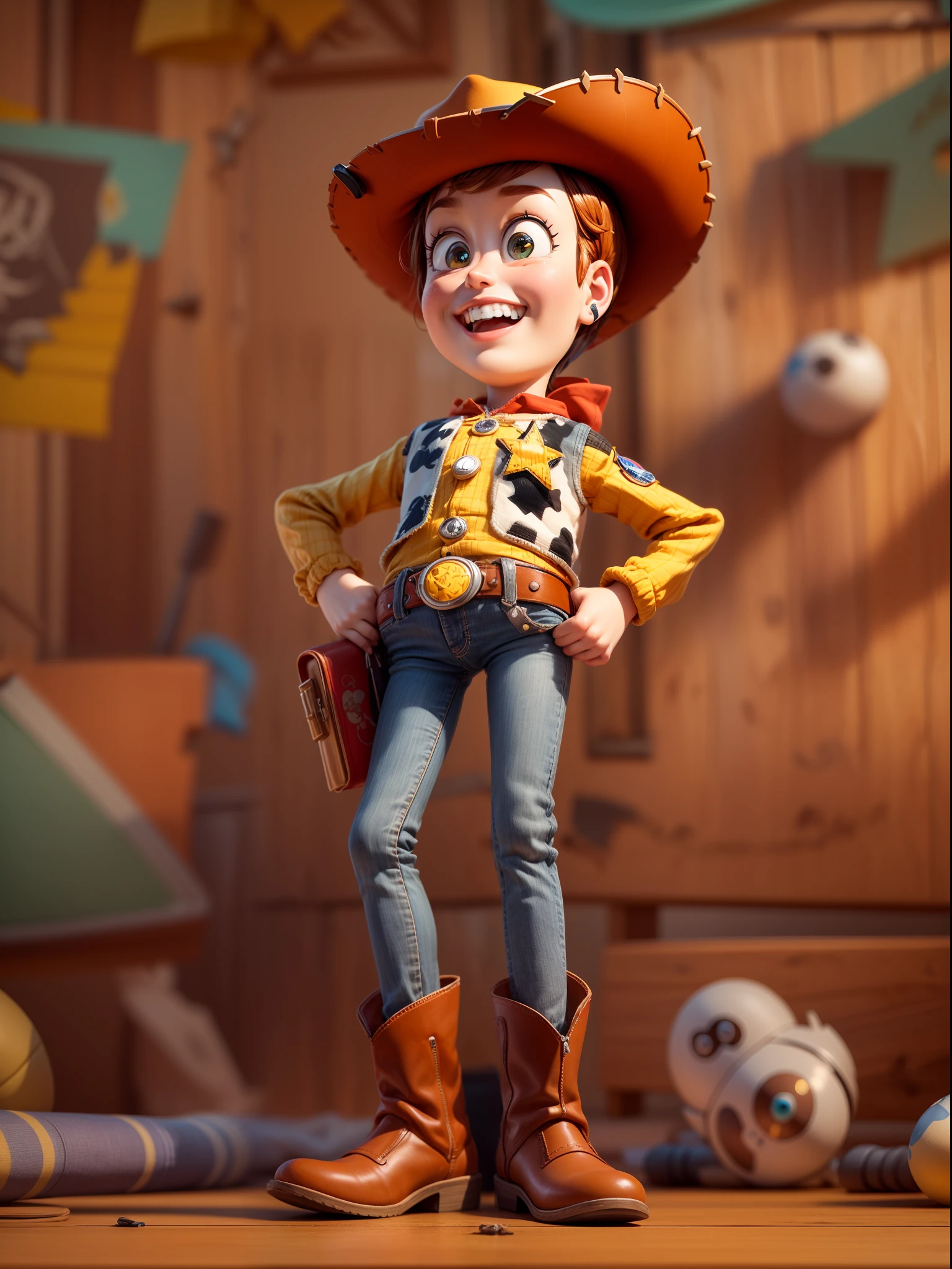 (best quality,4k,8k,highres,masterpiece:1.2),ultra-detailed,(realistic,photorealistic,photo-realistic:1.37),woody toy story fictional character,pixar style art,playful expression,big round eyes with eyebrows,smiling mouth with visible teeth,cowboy hat pointing up,sheriff's badge attached to the vest,red and yellow checkered shirt,brown vest with fringe details,brown boots and spurs,worn-out jeans with stitching details,painted on wood texture,3D rendering with shading and shadows,studio lighting with subtle highlights and shadows,vibrant colors reminiscent of the Toy Story movie,playful and vibrant background with other Toy Story characters like Buzz Lightyear and Jessie,illustration-like feel with bold lines and shapes,toy-like appearance with a hint of realism,fun and dynamic pose with hands on hips and one leg slightly raised,wide shot with a focus on Woody's face and upper body,characterized by the whimsical and lively style of Pixar animation,smooth gradients and textures for a polished and professional look,colorful lighting with a mix of warm and cool tones,adding depth to the image and creating a sense of dimension,mix of bright and saturated colors to create a cheerful and energetic atmosphere.