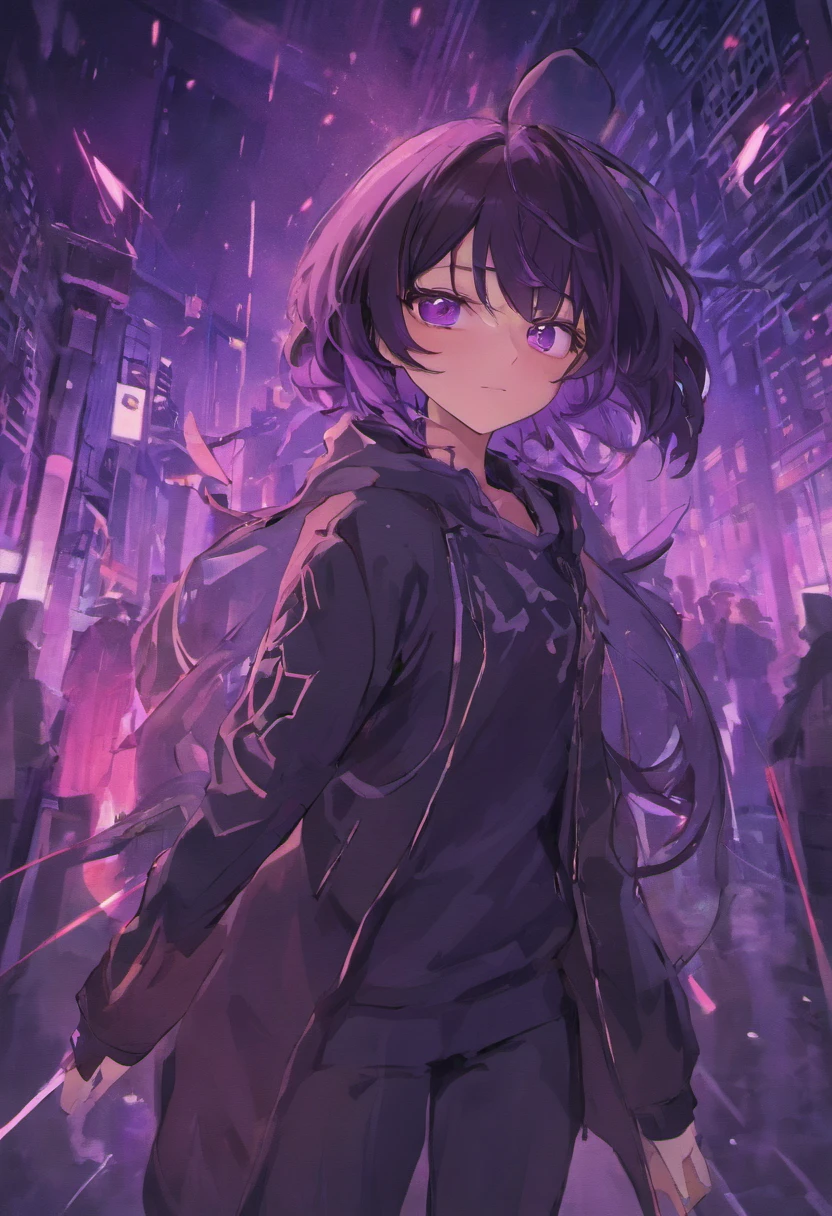 {{{tmasterpiece}}},{{{HighestQuali}}},{{{A high resolution}}},{{{Highest image quality}}},Black hair, Purple eyes, assassin, black clothing, assassin clothing, handsome man, smiling, two swords on it's back, emotionless face, Midnight city background,