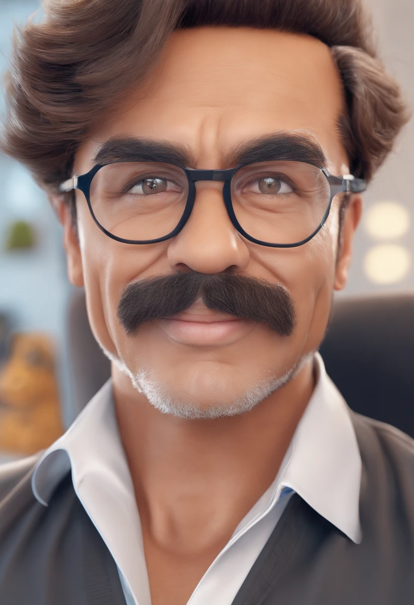 ((best quality)), ((master part)), ((desenhos animados realistas)), ((Personagem perfeito)) - Um retrato frontal meticulosamente detalhado e realista de um homem com cabelo raspado, glasses and a shirt with beautiful textures. O homem olha diretamente para o espectador, Establish a strong and confident presence. The image captures their distinctive facial features, accurately showing the brightness of your eyes and the design of your glasses. The black shirt is rendered with fine details, aumentando o profissionalismo do retrato. Enviado para documentos oficiais, this portrait is presented in impressive 8K UHD resolution, Ensure clarity and unique protection.