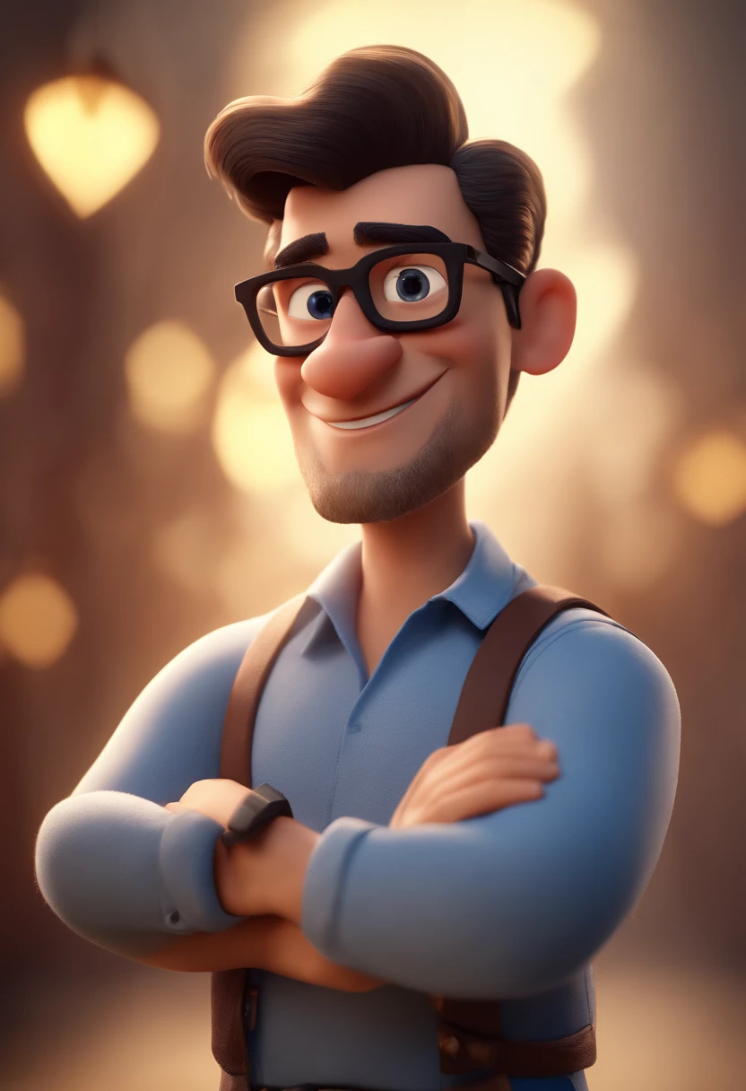 Cartoon character of a man with black glasses and a blue shirt, animation character, Caractere estilizado, animation style rendering, 3D estilizado, Arnold Maya render, 3 d render stylized, toon render keyshot, Personagem 3D, Personagem 3D, 3d rendering stylized, 3 d character render, personagem de desenho animado, Personagem de close up, Pose de personagem,  (Estilo Pixar) (master part:1.2) (Bokeh) (best quality) (pele detalhada) (textura detalhada) (8k) (argila) (Cinematic lighting) (foco nítido