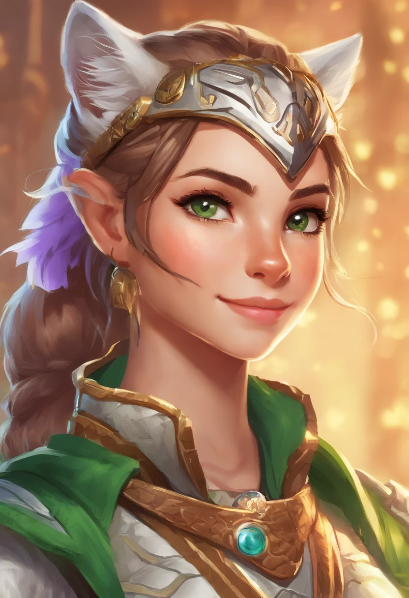 Khajiit Jaguar Female, green colored eyes, Hair tied in a ponytail, Brown, In Silver Armor, Smiling, portraite of a, With Elsweyr in the background, в стиле The Elder Scrolls online