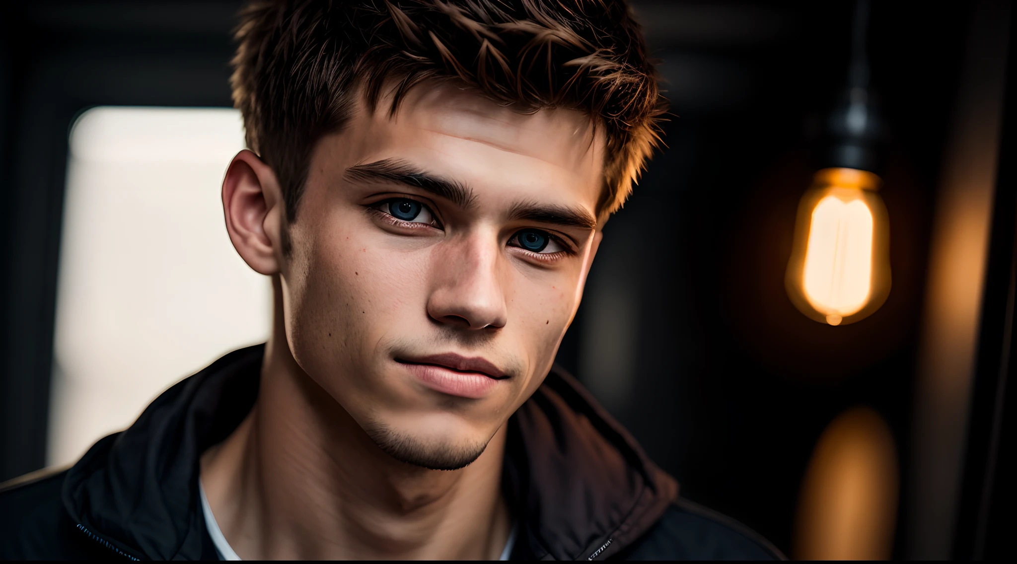 Portrait of a Man, A young, 15 years, Happy, with piercing eyes, Detailed Face, High Details, photografic, dark studio, rim light, Nikon D850, 50mm, f/1.4