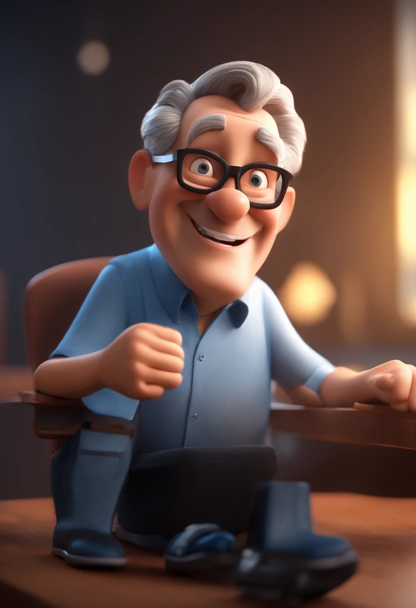 Cartoon character of a 65-year-old man in radio studio smiling black glasses and a blue shirt, animation character, Caractere estilizado, animation style rendering, 3D estilizado, Arnold Maya render, 3 d render stylized, toon render keyshot, Personagem 3D, Personagem 3D, 3d rendering stylized, 3 d character render, personagem de desenho animado, Personagem de close up, Pose de personagem, (Estilo Pixar) (master part:1.2) (Bokeh) (best quality) (pele detalhada) (textura detalhada) (8k) (argila) (Cinematic lighting) (foco nítido