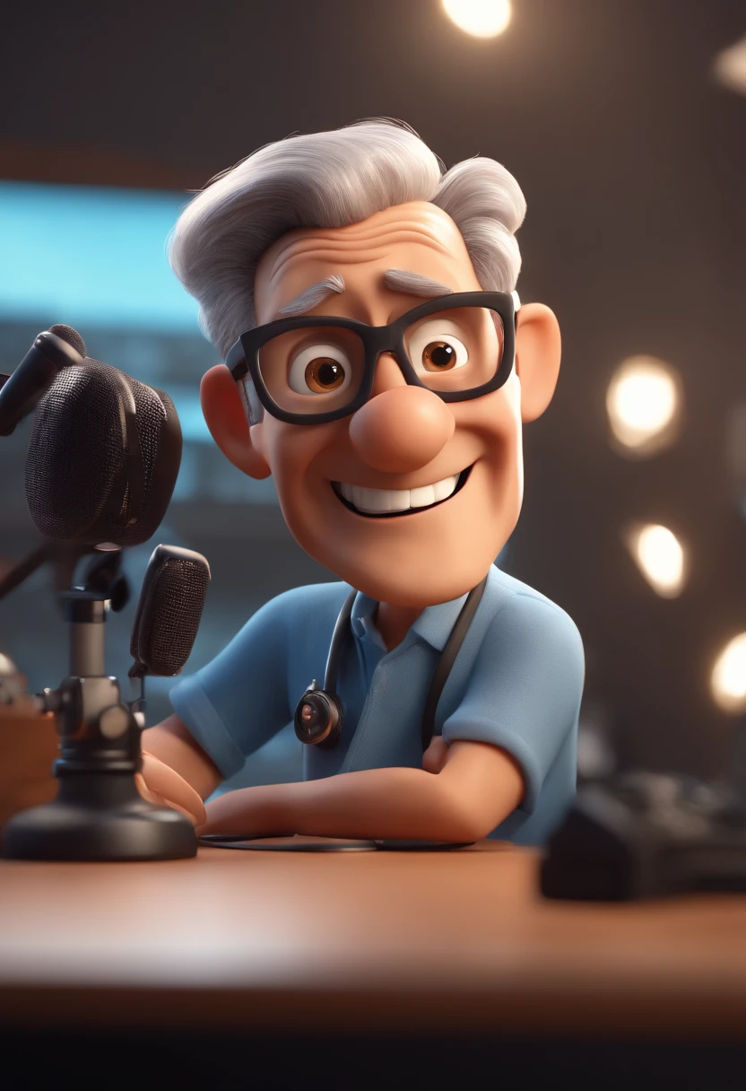 Cartoon character of a 65-year-old man in radio studio smiling black glasses and a blue shirt, animation character, Caractere estilizado, animation style rendering, 3D estilizado, Arnold Maya render, 3 d render stylized, toon render keyshot, Personagem 3D, Personagem 3D, 3d rendering stylized, 3 d character render, personagem de desenho animado, Personagem de close up, Pose de personagem, (Estilo Pixar) (master part:1.2) (Bokeh) (best quality) (pele detalhada) (textura detalhada) (8k) (argila) (Cinematic lighting) (foco nítido