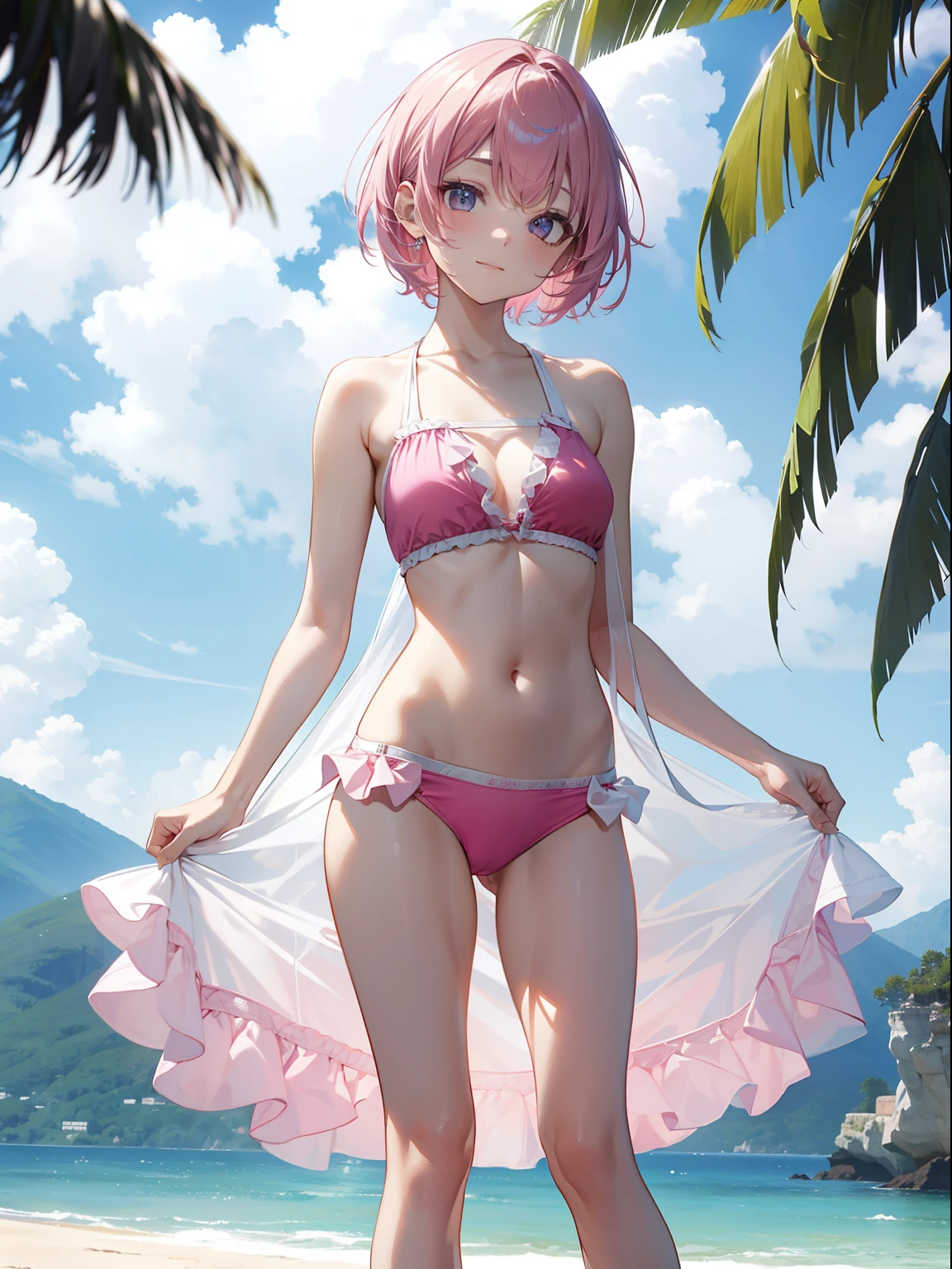The ultra -The high-definition、high-level image quality、top-quality、Full feet and hands、complete fingers、Beautuful Women、1 persons、pinkhair、Bery short hair、ssmile、Pink swimsuit、Niō Standing、Arms crossed