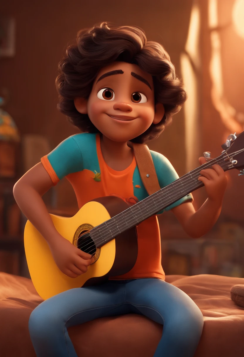 crie um banner no estilo Pixar. A boy with Brazilian features, moreno pardo com cabelos curtos, Castanhos escuros, Smooth appearance , mas jovem, usando uma camiseta, Wearing jeans and holding a classical guitar with 7 strings.