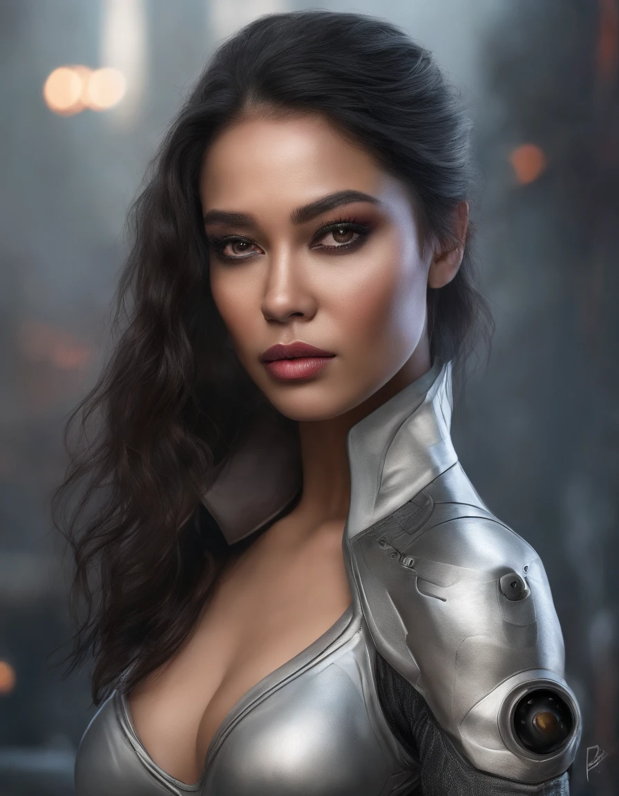 appealing cleavage，black hair，handsome girl，Asian peoples，real，photo-realistic，（(Security suits)）,full bodyesbian, half-open strawberry lips, dimple, thoughtful look, Black Eyes (Very long wavy gray hair), ((Detailed Face)), ((Detailed facial features)), (Thin, fine skin), Fair skin and redness, （(A plunging neckline with details of a high-tech cyberpunk dress)）, Cyberpunk Metropolis Environment, (cool colors), Mused, (Masterpiece) (perfect aspect ratio)(foto realista)(Best Quality) (Detailed) shot on a Canon EOS R5, 50mm lens, f/2.8, HDR, (8K) (wallpapers) (Cinematic lighting) (dramatic  lighting) (sharp-focus) (Intricate), Original Photo, posing for camera, black jeans, back arms, 8K, Ultra HD, DSLR camera, hiquality, filmgrain, Fujifilm XT3